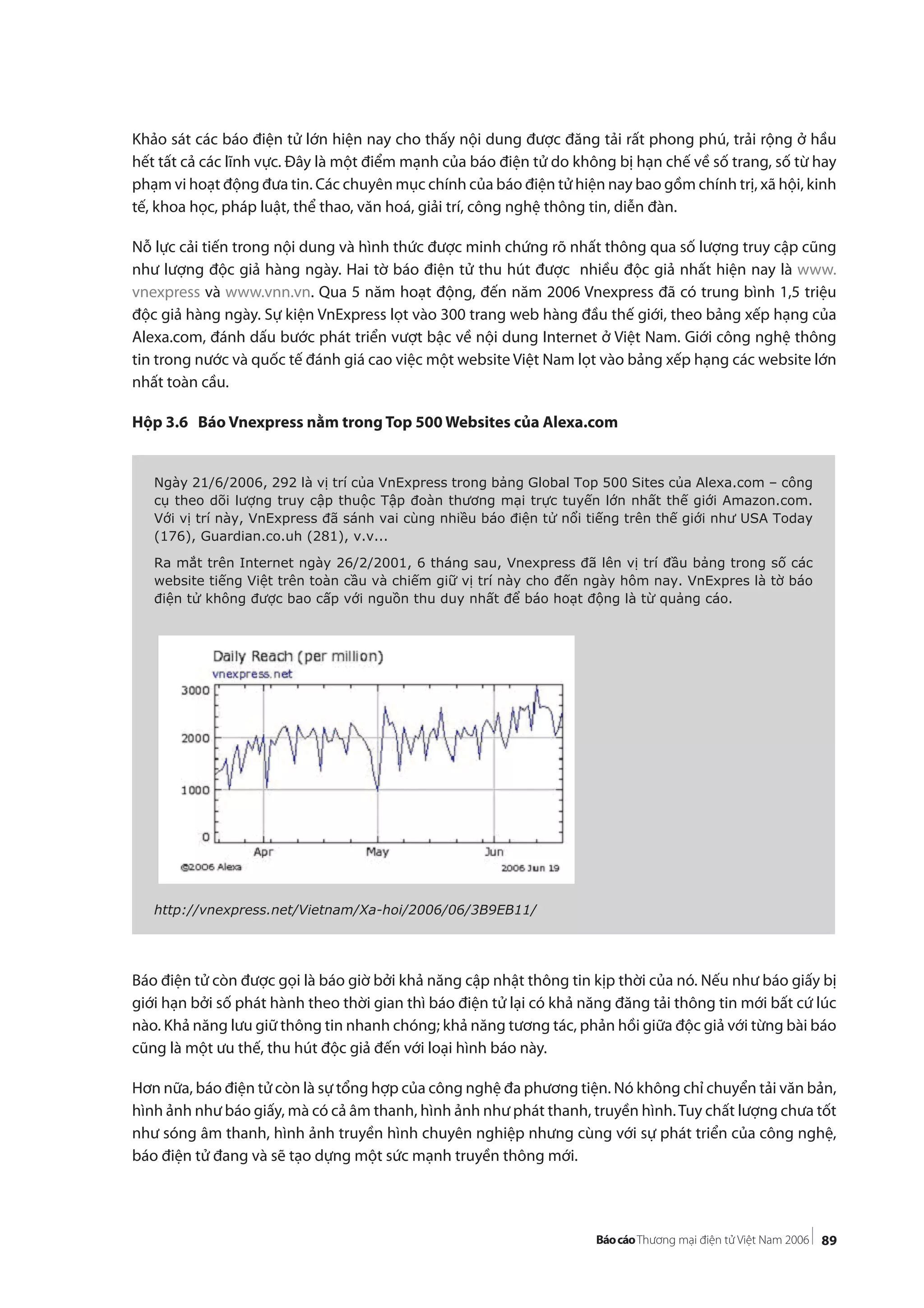 89
Khảo sát các báo điện tử lớn hiện nay cho thấy nội dung được đăng tải rất phong phú, trải rộng ở hầu
hết tất cả các lĩnh vực. Đây là một điểm mạnh của báo điện tử do không bị hạn chế về số trang, số từ hay
phạm vi hoạt động đưa tin. Các chuyên mục chính của báo điện tử hiện nay bao gồm chính trị, xã hội, kinh
tế, khoa học, pháp luật, thể thao, văn hoá, giải trí, công nghệ thông tin, diễn đàn.
Nỗ lực cải tiến trong nội dung và hình thức được minh chứng rõ nhất thông qua số lượng truy cập cũng
như lượng độc giả hàng ngày. Hai tờ báo điện tử thu hút được nhiều độc giả nhất hiện nay là www.
vnexpress và www.vnn.vn. Qua 5 năm hoạt động, đến năm 2006 Vnexpress đã có trung bình 1,5 triệu
độc giả hàng ngày. Sự kiện VnExpress lọt vào 300 trang web hàng đầu thế giới, theo bảng xếp hạng của
Alexa.com, đánh dấu bước phát triển vượt bậc về nội dung Internet ở Việt Nam. Giới công nghệ thông
tin trong nước và quốc tế đánh giá cao việc một website Việt Nam lọt vào bảng xếp hạng các website lớn
nhất toàn cầu.
Hộp 3.6 Báo Vnexpress nằm trong Top 500 Websites của Alexa.com
Báo điện tử còn được gọi là báo giờ bởi khả năng cập nhật thông tin kịp thời của nó. Nếu như báo giấy bị
giới hạn bởi số phát hành theo thời gian thì báo điện tử lại có khả năng đăng tải thông tin mới bất cứ lúc
nào. Khả năng lưu giữ thông tin nhanh chóng; khả năng tương tác, phản hồi giữa độc giả với từng bài báo
cũng là một ưu thế, thu hút độc giả đến với loại hình báo này.
Hơn nữa, báo điện tử còn là sự tổng hợp của công nghệ đa phương tiện. Nó không chỉ chuyển tải văn bản,
hình ảnh như báo giấy, mà có cả âm thanh, hình ảnh như phát thanh, truyền hình.Tuy chất lượng chưa tốt
như sóng âm thanh, hình ảnh truyền hình chuyên nghiệp nhưng cùng với sự phát triển của công nghệ,
báo điện tử đang và sẽ tạo dựng một sức mạnh truyền thông mới.
Ngày 21/6/2006, 292 là vị trí của VnExpress trong bảng Global Top 500 Sites của Alexa.com – công
cụ theo dõi lượng truy cập thuộc Tập đoàn thương mại trực tuyến lớn nhất thế giới Amazon.com.
Với vị trí này, VnExpress đã sánh vai cùng nhiều báo điện tử nổi tiếng trên thế giới như USA Today
(176), Guardian.co.uh (281), v.v...
Ra mắt trên Internet ngày 26/2/2001, 6 tháng sau, Vnexpress đã lên vị trí đầu bảng trong số các
website tiếng Việt trên toàn cầu và chiếm giữ vị trí này cho đến ngày hôm nay. VnExpres là tờ báo
điện tử không được bao cấp với nguồn thu duy nhất để báo hoạt động là từ quảng cáo.
http://vnexpress.net/Vietnam/Xa-hoi/2006/06/3B9EB11/
 