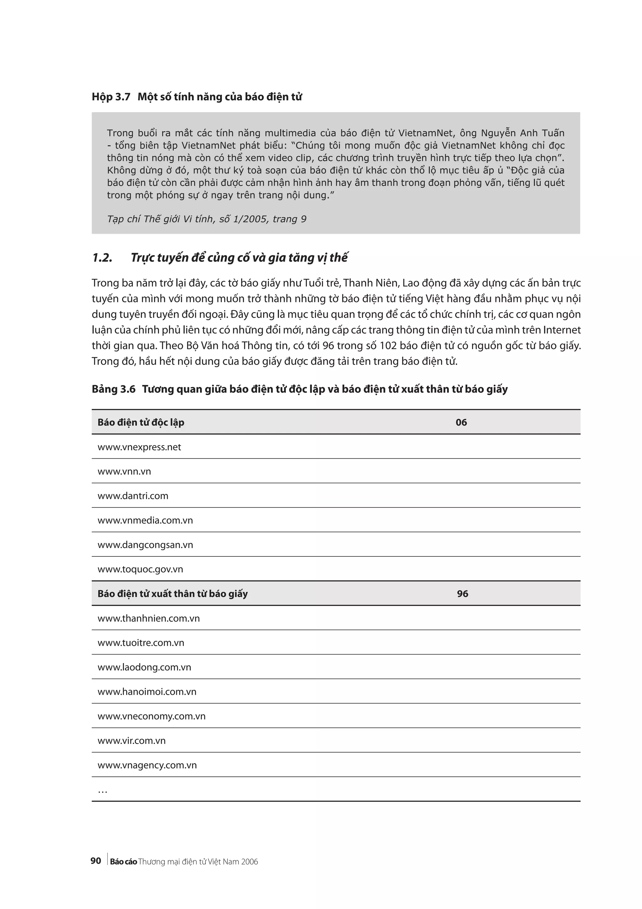 90
Hộp 3.7 Một số tính năng của báo điện tử
1.2. Trực tuyến để củng cố và gia tăng vị thế
Trong ba năm trở lại đây, các tờ báo giấy như Tuổi trẻ, Thanh Niên, Lao động đã xây dựng các ấn bản trực
tuyến của mình với mong muốn trở thành những tờ báo điện tử tiếng Việt hàng đầu nhằm phục vụ nội
dung tuyên truyền đối ngoại. Đây cũng là mục tiêu quan trọng để các tổ chức chính trị, các cơ quan ngôn
luận của chính phủ liên tục có những đổi mới, nâng cấp các trang thông tin điện tử của mình trên Internet
thời gian qua. Theo Bộ Văn hoá Thông tin, có tới 96 trong số 102 báo điện tử có nguồn gốc từ báo giấy.
Trong đó, hầu hết nội dung của báo giấy được đăng tải trên trang báo điện tử.
Bảng 3.6 Tương quan giữa báo điện tử độc lập và báo điện tử xuất thân từ báo giấy
Trong buổi ra mắt các tính năng multimedia của báo điện tử VietnamNet, ông Nguyễn Anh Tuấn
- tổng biên tập VietnamNet phát biểu: “Chúng tôi mong muốn độc giả VietnamNet không chỉ đọc
thông tin nóng mà còn có thể xem video clip, các chương trình truyền hình trực tiếp theo lựa chọn”.
Không dừng ở đó, một thư ký toà soạn của báo điện tử khác còn thổ lộ mục tiêu ấp ủ “Độc giả của
báo điện tử còn cần phải được cảm nhận hình ảnh hay âm thanh trong đoạn phỏng vấn, tiếng lũ quét
trong một phóng sự ở ngay trên trang nội dung.”
Tạp chí Thế giới Vi tính, số 1/2005, trang 9
Báo điện tử độc lập 06
www.vnexpress.net
www.vnn.vn
www.dantri.com
www.vnmedia.com.vn
www.dangcongsan.vn
www.toquoc.gov.vn
Báo điện tử xuất thân từ báo giấy 96
www.thanhnien.com.vn
www.tuoitre.com.vn
www.laodong.com.vn
www.hanoimoi.com.vn
www.vneconomy.com.vn
www.vir.com.vn
www.vnagency.com.vn
…
 