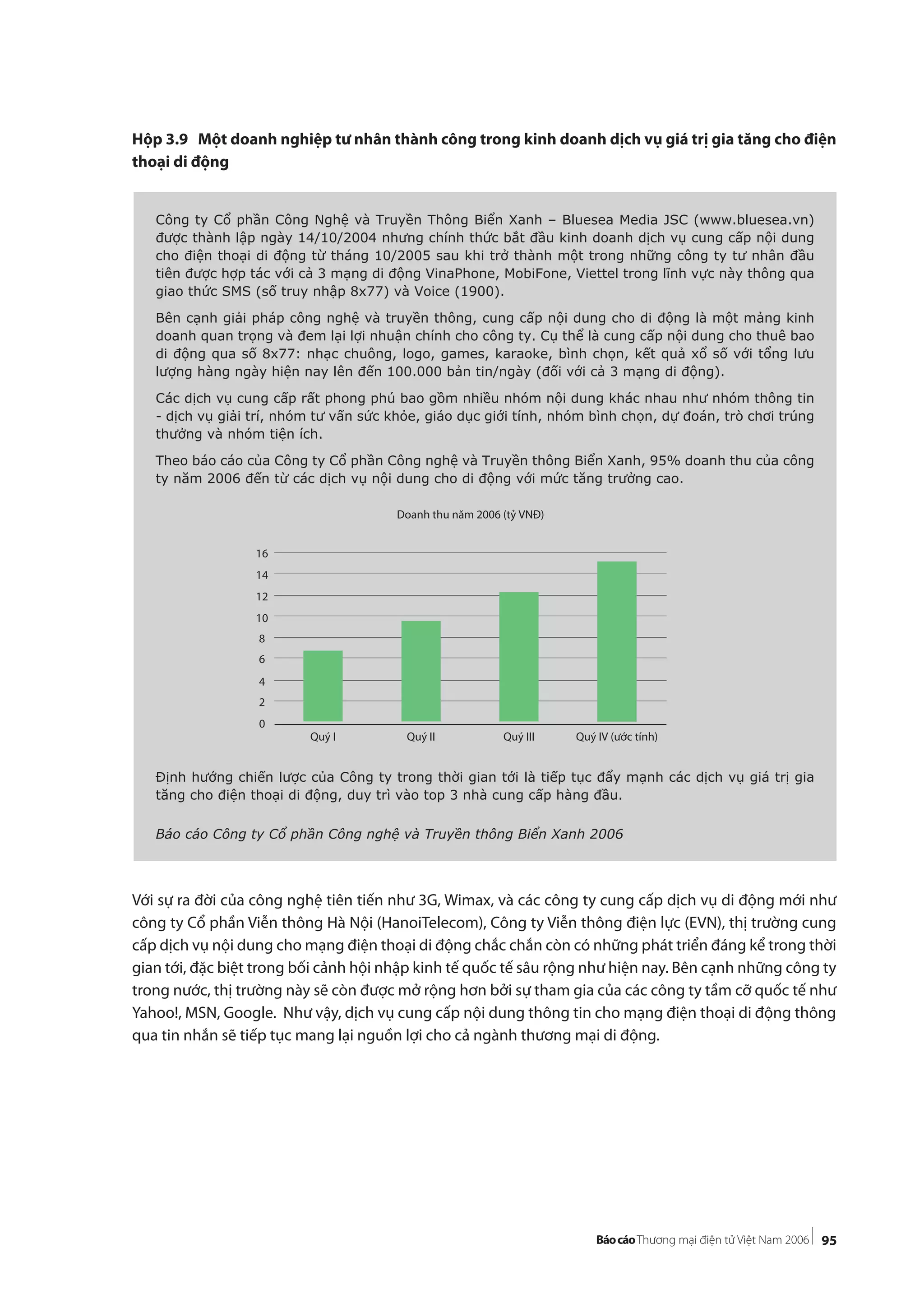 95
Hộp 3.9 Một doanh nghiệp tư nhân thành công trong kinh doanh dịch vụ giá trị gia tăng cho điện
thoại di động
Với sự ra đời của công nghệ tiên tiến như 3G, Wimax, và các công ty cung cấp dịch vụ di động mới như
công ty Cổ phần Viễn thông Hà Nội (HanoiTelecom), Công ty Viễn thông điện lực (EVN), thị trường cung
cấp dịch vụ nội dung cho mạng điện thoại di động chắc chắn còn có những phát triển đáng kể trong thời
gian tới, đặc biệt trong bối cảnh hội nhập kinh tế quốc tế sâu rộng như hiện nay. Bên cạnh những công ty
trong nước, thị trường này sẽ còn được mở rộng hơn bởi sự tham gia của các công ty tầm cỡ quốc tế như
Yahoo!, MSN, Google. Như vậy, dịch vụ cung cấp nội dung thông tin cho mạng điện thoại di động thông
qua tin nhắn sẽ tiếp tục mang lại nguồn lợi cho cả ngành thương mại di động.
Công ty Cổ phần Công Nghệ và Truyền Thông Biển Xanh – Bluesea Media JSC (www.bluesea.vn)
được thành lập ngày 14/10/2004 nhưng chính thức bắt đầu kinh doanh dịch vụ cung cấp nội dung
cho điện thoại di động từ tháng 10/2005 sau khi trở thành một trong những công ty tư nhân đầu
tiên được hợp tác với cả 3 mạng di động VinaPhone, MobiFone, Viettel trong lĩnh vực này thông qua
giao thức SMS (số truy nhập 8x77) và Voice (1900).
Bên cạnh giải pháp công nghệ và truyền thông, cung cấp nội dung cho di động là một mảng kinh
doanh quan trọng và đem lại lợi nhuận chính cho công ty. Cụ thể là cung cấp nội dung cho thuê bao
di động qua số 8x77: nhạc chuông, logo, games, karaoke, bình chọn, kết quả xổ số với tổng lưu
lượng hàng ngày hiện nay lên đến 100.000 bản tin/ngày (đối với cả 3 mạng di động).
Các dịch vụ cung cấp rất phong phú bao gồm nhiều nhóm nội dung khác nhau như nhóm thông tin
- dịch vụ giải trí, nhóm tư vấn sức khỏe, giáo dục giới tính, nhóm bình chọn, dự đoán, trò chơi trúng
thưởng và nhóm tiện ích.
Theo báo cáo của Công ty Cổ phần Công nghệ và Truyền thông Biển Xanh, 95% doanh thu của công
ty năm 2006 đến từ các dịch vụ nội dung cho di động với mức tăng trưởng cao.
Định hướng chiến lược của Công ty trong thời gian tới là tiếp tục đẩy mạnh các dịch vụ giá trị gia
tăng cho điện thoại di động, duy trì vào top 3 nhà cung cấp hàng đầu.
Báo cáo Công ty Cổ phần Công nghệ và Truyền thông Biển Xanh 2006
Doanh thu năm 2006 (tỷ VNÐ)
Quý I Quý II Quý III Quý IV (ước tính)
0
2
4
6
8
10
12
14
16
 