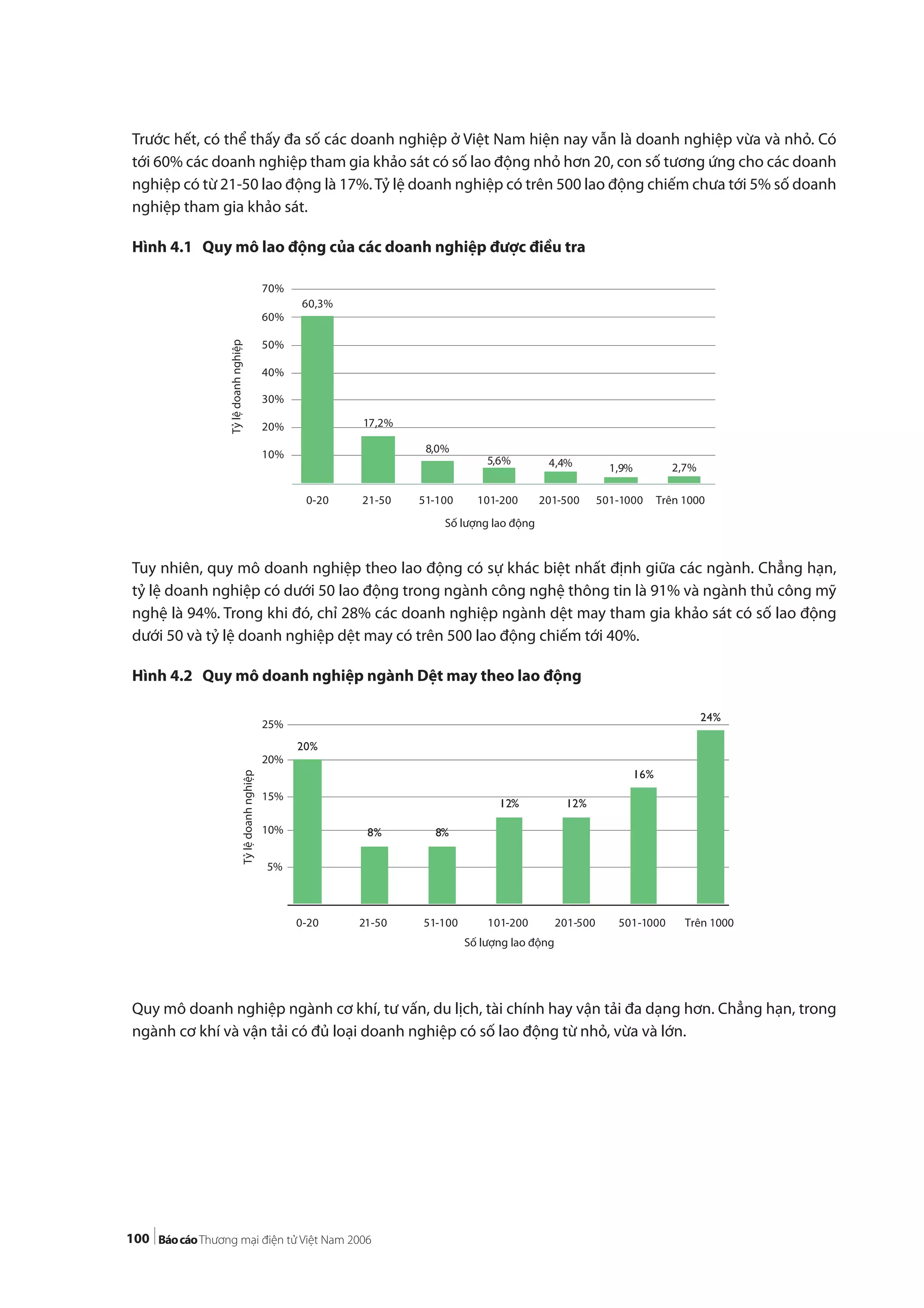 100
Trước hết, có thể thấy đa số các doanh nghiệp ở Việt Nam hiện nay vẫn là doanh nghiệp vừa và nhỏ. Có
tới 60% các doanh nghiệp tham gia khảo sát có số lao động nhỏ hơn 20, con số tương ứng cho các doanh
nghiệp có từ 21-50 lao động là 17%.Tỷ lệ doanh nghiệp có trên 500 lao động chiếm chưa tới 5% số doanh
nghiệp tham gia khảo sát.
Hình 4.1 Quy mô lao động của các doanh nghiệp được điều tra
Tuy nhiên, quy mô doanh nghiệp theo lao động có sự khác biệt nhất định giữa các ngành. Chẳng hạn,
tỷ lệ doanh nghiệp có dưới 50 lao động trong ngành công nghệ thông tin là 91% và ngành thủ công mỹ
nghệ là 94%. Trong khi đó, chỉ 28% các doanh nghiệp ngành dệt may tham gia khảo sát có số lao động
dưới 50 và tỷ lệ doanh nghiệp dệt may có trên 500 lao động chiếm tới 40%.
Hình 4.2 Quy mô doanh nghiệp ngành Dệt may theo lao động
Quy mô doanh nghiệp ngành cơ khí, tư vấn, du lịch, tài chính hay vận tải đa dạng hơn. Chẳng hạn, trong
ngành cơ khí và vận tải có đủ loại doanh nghiệp có số lao động từ nhỏ, vừa và lớn.
60,3%
17,2%
8,0%
5,6% 4,4% 1,9% 2,7%
10%
20%
30%
40%
50%
60%
70%
0-20 21-50 51-100 101-200 201-500 501-1000 Trên 1000
Số lượng lao động
Tỷlệdoanhnghiệp
20%
8% 8%
12% 12%
16%
24%
0-20
5%
10%
15%
20%
25%
21-50 51-100 101-200 201-500 501-1000 Trên 1000
Số lượng lao động
Tỷlệdoanhnghiệp
 