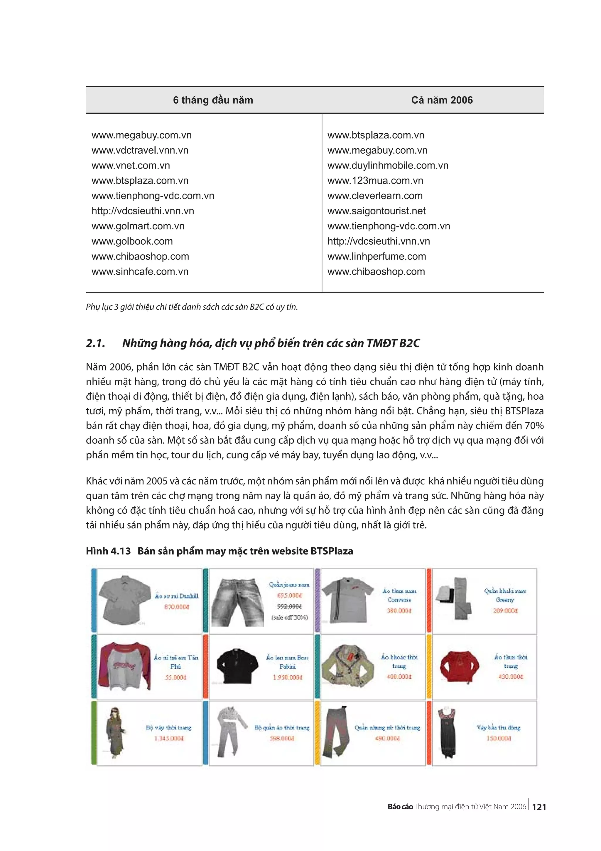 121
Phụ lục 3 giới thiệu chi tiết danh sách các sàn B2C có uy tín.
2.1. Những hàng hóa, dịch vụ phổ biến trên các sàn TMĐT B2C
Năm 2006, phần lớn các sàn TMĐT B2C vẫn hoạt động theo dạng siêu thị điện tử tổng hợp kinh doanh
nhiều mặt hàng, trong đó chủ yếu là các mặt hàng có tính tiêu chuẩn cao như hàng điện tử (máy tính,
điện thoại di động, thiết bị điện, đồ điện gia dụng, điện lạnh), sách báo, văn phòng phẩm, quà tặng, hoa
tươi, mỹ phẩm, thời trang, v.v... Mỗi siêu thị có những nhóm hàng nổi bật. Chẳng hạn, siêu thị BTSPlaza
bán rất chạy điện thoại, hoa, đồ gia dụng, mỹ phẩm, doanh số của những sản phẩm này chiếm đến 70%
doanh số của sàn. Một số sàn bắt đầu cung cấp dịch vụ qua mạng hoặc hỗ trợ dịch vụ qua mạng đối với
phần mềm tin học, tour du lịch, cung cấp vé máy bay, tuyển dụng lao động, v.v...
Khác với năm 2005 và các năm trước, một nhóm sản phẩm mới nổi lên và được khá nhiều người tiêu dùng
quan tâm trên các chợ mạng trong năm nay là quần áo, đồ mỹ phẩm và trang sức. Những hàng hóa này
không có đặc tính tiêu chuẩn hoá cao, nhưng với sự hỗ trợ của hình ảnh đẹp nên các sàn cũng đã đăng
tải nhiều sản phẩm này, đáp ứng thị hiếu của người tiêu dùng, nhất là giới trẻ.
Hình 4.13 Bán sản phẩm may mặc trên website BTSPlaza
6 tháng đầu năm Cả năm 2006
www.megabuy.com.vn
www.vdctravel.vnn.vn
www.vnet.com.vn
www.btsplaza.com.vn
www.tienphong-vdc.com.vn
http://vdcsieuthi.vnn.vn
www.golmart.com.vn
www.golbook.com
www.chibaoshop.com
www.sinhcafe.com.vn
www.btsplaza.com.vn
www.megabuy.com.vn
www.duylinhmobile.com.vn
www.123mua.com.vn
www.cleverlearn.com
www.saigontourist.net
www.tienphong-vdc.com.vn
http://vdcsieuthi.vnn.vn
www.linhperfume.com
www.chibaoshop.com
 