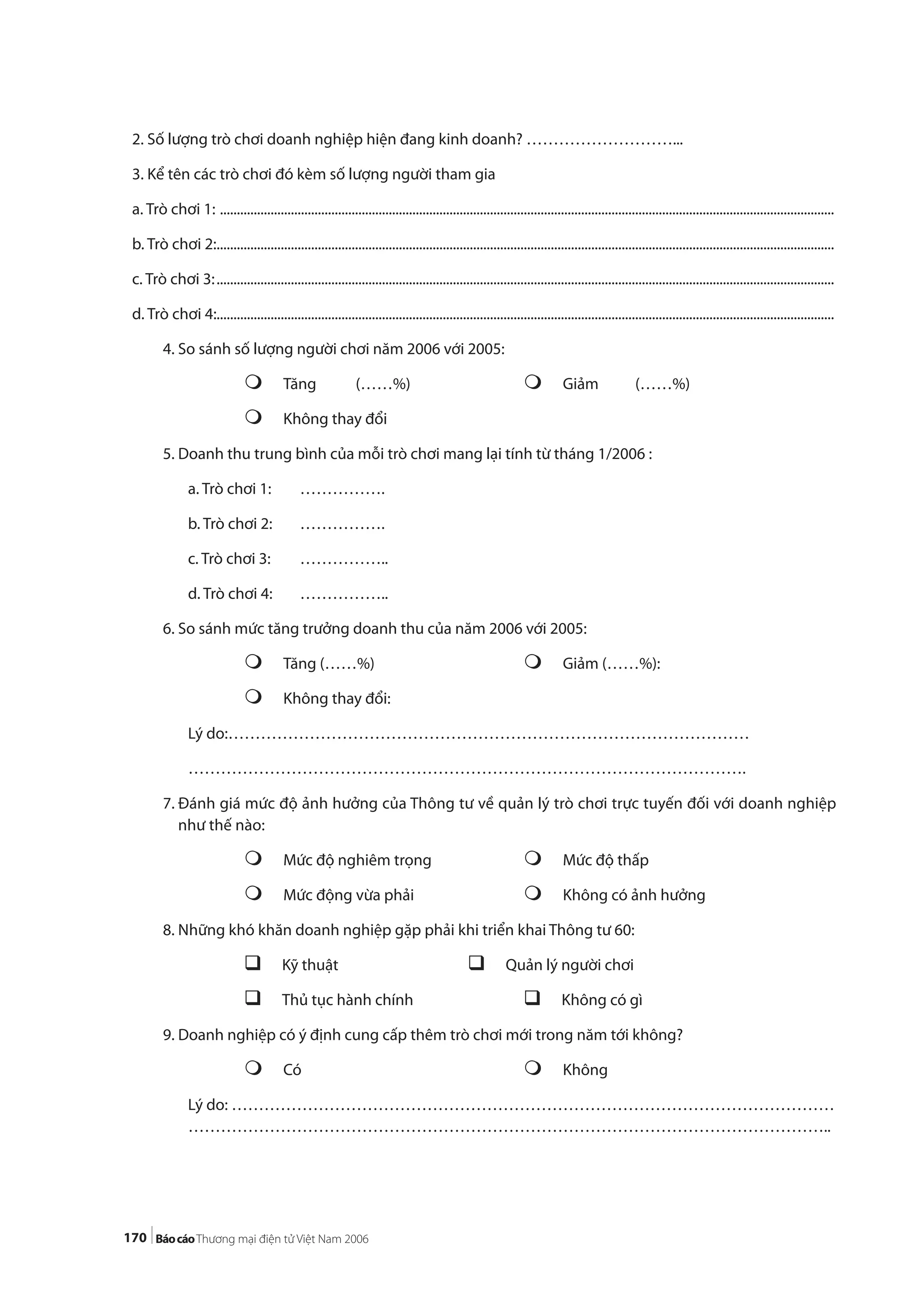 170
2. Số lượng trò chơi doanh nghiệp hiện đang kinh doanh? ………………………...
3. Kể tên các trò chơi đó kèm số lượng người tham gia
a. Trò chơi 1: ......................................................................................................................................................................................
b. Trò chơi 2:.......................................................................................................................................................................................
c. Trò chơi 3:.......................................................................................................................................................................................
d. Trò chơi 4:.......................................................................................................................................................................................
4. So sánh số lượng người chơi năm 2006 với 2005:
Tăng (……%) Giảm (……%)
Không thay đổi
5. Doanh thu trung bình của mỗi trò chơi mang lại tính từ tháng 1/2006 :
a. Trò chơi 1: …………….
b. Trò chơi 2: …………….
c. Trò chơi 3: ……………..
d. Trò chơi 4: ……………..
6. So sánh mức tăng trưởng doanh thu của năm 2006 với 2005:
Tăng (……%) Giảm (……%):
Không thay đổi:
Lý do:……………………………………………………………………………………
………………………………………………………………………………………….
7. Đánh giá mức độ ảnh hưởng của Thông tư về quản lý trò chơi trực tuyến đối với doanh nghiệp
như thế nào:
Mức độ nghiêm trọng Mức độ thấp
Mức động vừa phải Không có ảnh hưởng
8. Những khó khăn doanh nghiệp gặp phải khi triển khai Thông tư 60:
Kỹ thuật Quản lý người chơi
Thủ tục hành chính Không có gì
9. Doanh nghiệp có ý định cung cấp thêm trò chơi mới trong năm tới không?
Có Không
Lý do: …………………………………………………………………………………………………
………………………………………………………………………………………………………..
 