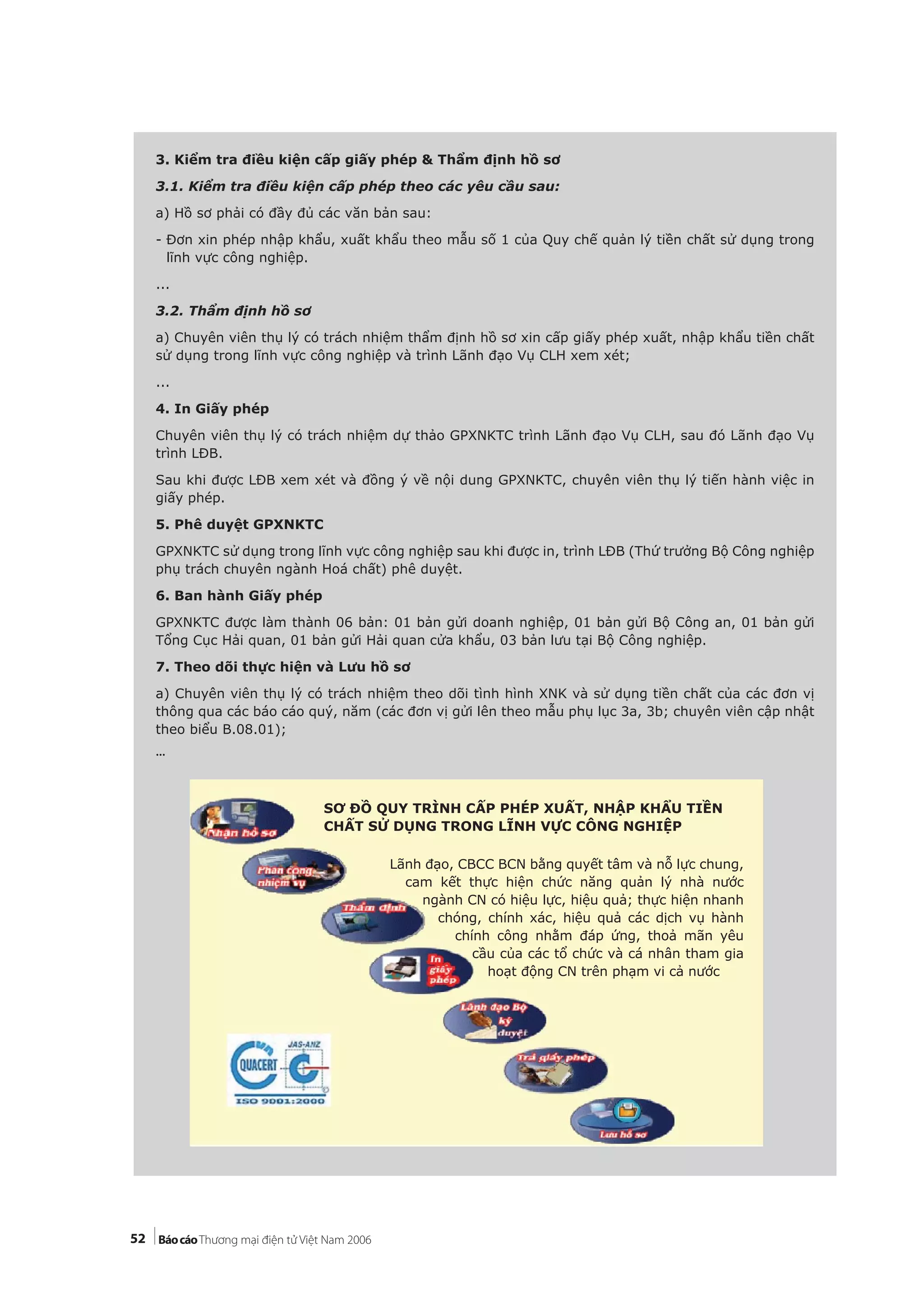 52
3. Kiểm tra điều kiện cấp giấy phép & Thẩm định hồ sơ
3.1. Kiểm tra điều kiện cấp phép theo các yêu cầu sau:
a) Hồ sơ phải có đầy đủ các văn bản sau:
- Đơn xin phép nhập khẩu, xuất khẩu theo mẫu số 1 của Quy chế quản lý tiền chất sử dụng trong
lĩnh vực công nghiệp.
...
3.2. Thẩm định hồ sơ
a) Chuyên viên thụ lý có trách nhiệm thẩm định hồ sơ xin cấp giấy phép xuất, nhập khẩu tiền chất
sử dụng trong lĩnh vực công nghiệp và trình Lãnh đạo Vụ CLH xem xét;
...
4. In Giấy phép
Chuyên viên thụ lý có trách nhiệm dự thảo GPXNKTC trình Lãnh đạo Vụ CLH, sau đó Lãnh đạo Vụ
trình LĐB.
Sau khi được LĐB xem xét và đồng ý về nội dung GPXNKTC, chuyên viên thụ lý tiến hành việc in
giấy phép.
5. Phê duyệt GPXNKTC
GPXNKTC sử dụng trong lĩnh vực công nghiệp sau khi được in, trình LĐB (Thứ trưởng Bộ Công nghiệp
phụ trách chuyên ngành Hoá chất) phê duyệt.
6. Ban hành Giấy phép
GPXNKTC được làm thành 06 bản: 01 bản gửi doanh nghiệp, 01 bản gửi Bộ Công an, 01 bản gửi
Tổng Cục Hải quan, 01 bản gửi Hải quan cửa khẩu, 03 bản lưu tại Bộ Công nghiệp.
7. Theo dõi thực hiện và Lưu hồ sơ
a) Chuyên viên thụ lý có trách nhiệm theo dõi tình hình XNK và sử dụng tiền chất của các đơn vị
thông qua các báo cáo quý, năm (các đơn vị gửi lên theo mẫu phụ lục 3a, 3b; chuyên viên cập nhật
theo biểu B.08.01);
...
SƠ ĐỒ QUY TRÌNH CẤP PHÉP XUẤT, NHẬP KHẨU TIỀN
CHẤT SỬ DỤNG TRONG LĨNH VỰC CÔNG NGHIỆP
Lãnh đạo, CBCC BCN bằng quyết tâm và nỗ lực chung,
cam kết thực hiện chức năng quản lý nhà nước
ngành CN có hiệu lực, hiệu quả; thực hiện nhanh
chóng, chính xác, hiệu quả các dịch vụ hành
chính công nhằm đáp ứng, thoả mãn yêu
cầu của các tổ chức và cá nhân tham gia
hoạt động CN trên phạm vi cả nước
 