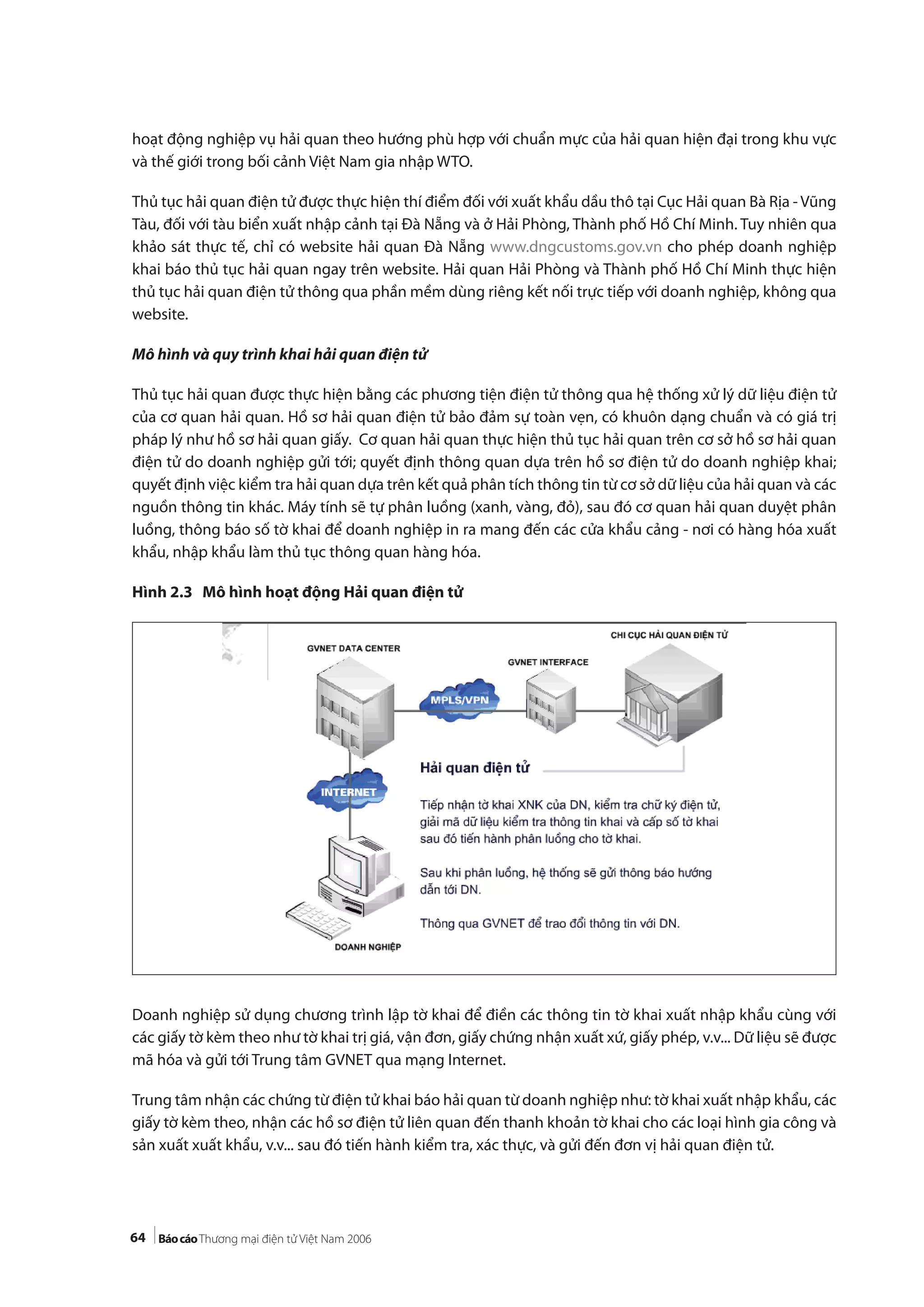 64
hoạt động nghiệp vụ hải quan theo hướng phù hợp với chuẩn mực của hải quan hiện đại trong khu vực
và thế giới trong bối cảnh Việt Nam gia nhập WTO.
Thủ tục hải quan điện tử được thực hiện thí điểm đối với xuất khẩu dầu thô tại Cục Hải quan Bà Rịa - Vũng
Tàu, đối với tàu biển xuất nhập cảnh tại Đà Nẵng và ở Hải Phòng, Thành phố Hồ Chí Minh. Tuy nhiên qua
khảo sát thực tế, chỉ có website hải quan Đà Nẵng www.dngcustoms.gov.vn cho phép doanh nghiệp
khai báo thủ tục hải quan ngay trên website. Hải quan Hải Phòng và Thành phố Hồ Chí Minh thực hiện
thủ tục hải quan điện tử thông qua phần mềm dùng riêng kết nối trực tiếp với doanh nghiệp, không qua
website.
Mô hình và quy trình khai hải quan điện tử
Thủ tục hải quan được thực hiện bằng các phương tiện điện tử thông qua hệ thống xử lý dữ liệu điện tử
của cơ quan hải quan. Hồ sơ hải quan điện tử bảo đảm sự toàn vẹn, có khuôn dạng chuẩn và có giá trị
pháp lý như hồ sơ hải quan giấy. Cơ quan hải quan thực hiện thủ tục hải quan trên cơ sở hồ sơ hải quan
điện tử do doanh nghiệp gửi tới; quyết định thông quan dựa trên hồ sơ điện tử do doanh nghiệp khai;
quyết định việc kiểm tra hải quan dựa trên kết quả phân tích thông tin từ cơ sở dữ liệu của hải quan và các
nguồn thông tin khác. Máy tính sẽ tự phân luồng (xanh, vàng, đỏ), sau đó cơ quan hải quan duyệt phân
luồng, thông báo số tờ khai để doanh nghiệp in ra mang đến các cửa khẩu cảng - nơi có hàng hóa xuất
khẩu, nhập khẩu làm thủ tục thông quan hàng hóa.
Hình 2.3 Mô hình hoạt động Hải quan điện tử
Doanh nghiệp sử dụng chương trình lập tờ khai để điền các thông tin tờ khai xuất nhập khẩu cùng với
các giấy tờ kèm theo như tờ khai trị giá, vận đơn, giấy chứng nhận xuất xứ, giấy phép, v.v... Dữ liệu sẽ được
mã hóa và gửi tới Trung tâm GVNET qua mạng Internet.
Trung tâm nhận các chứng từ điện tử khai báo hải quan từ doanh nghiệp như: tờ khai xuất nhập khẩu, các
giấy tờ kèm theo, nhận các hồ sơ điện tử liên quan đến thanh khoản tờ khai cho các loại hình gia công và
sản xuất xuất khẩu, v.v... sau đó tiến hành kiểm tra, xác thực, và gửi đến đơn vị hải quan điện tử.
 