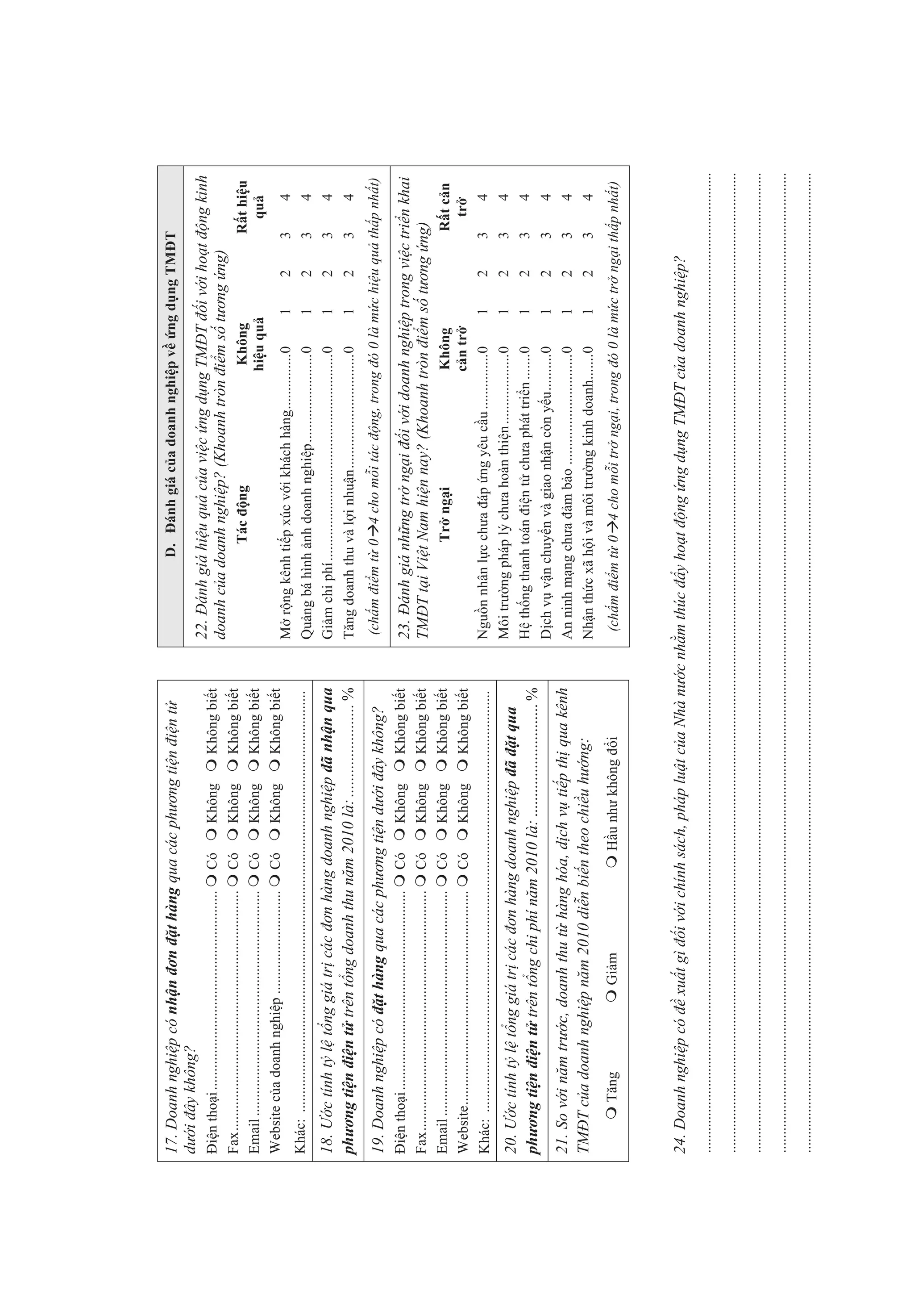 17. Doanh nghi p có nh n                            n       t hàng qua các ph                   ng ti n i n t                                                   D.        ánh giá c a doanh nghi p v                          ng d ng TM T
d i ây không?
                                                                                                                                          22. ánh giá hi u qu c a vi c ng d ng TM T i v i ho t                                                             ng kinh
 i n tho i ......................................................           Có           Không             Không bi         t
                                                                                                                                          doanh c a doanh nghi p? (Khoanh tròn i m s t ng ng)
Fax .................................................................       Có           Không             Không bi         t
                                                                                                                                                                    Tác         ng                                  Không                               R t hi u
Email .............................................................         Có           Không             Không bi         t                                                                                      hi u qu                                qu
Website c a doanh nghi p ............................                       Có           Không             Không bi         t
                                                                                                                                          M r ng kênh ti p xúc v i khách hàng ............... 0                                   1         2          3         4
Khác: ..................................................................................................................                  Qu ng bá hình nh doanh nghi p ........................ 0                                1         2          3         4
18. c tính t l t ng giá tr các n hàng doanh nghi p ã nh n qua                                                                             Gi m chi phí ........................................................ 0                 1         2          3         4
ph ng ti n i n t trên t ng doanh thu n m 2010 là: ....................... %                                                               T ng doanh thu và l i nhu n ............................... 0                           1         2          3         4

19. Doanh nghi p có                      t hàng qua các ph                    ng ti n d           i ây không?                              (ch m i m t 0                 4 cho m i tác              ng, trong ó 0 là m c hi u qu th p nh t)
 i n tho i ...................................................... Có                Không              Không bi t                         23. ánh giá nh ng tr ng i i v i doanh nghi p trong vi c tri n khai
Fax ................................................................. Có            Không              Không bi t                         TM T t i Vi t am hi n nay? (Khoanh tròn i m s t ng ng)
Email ............................................................. Có              Không              Không bi t                                                    Tr ng i                Không                                                        R tc n
Website .......................................................... Có               Không              Không bi t                                                                          c n tr                                                          tr
Khác: ..................................................................................................................                  Ngu n nhân l c ch a áp ng yêu c u ............... 0                                     1         2          3      4
                                                                                                                                          Môi tr ng pháp l ch a hoàn thi n ................... 0                                  1         2          3      4
20. c tính t l t ng giá tr các n hàng doanh nghi p ã t qua
                                                                                                                                          H th ng thanh toán i n t ch a phát tri n ....... 0                                      1         2          3      4
ph ng ti n i n t trên t ng chi phí n m 2010 là: ............................ %
                                                                                                                                          D ch v v n chuy n và giao nh n còn y u .......... 0                                     1         2          3      4
21. So v i n m tr c, doanh thu t hàng hóa, d ch v ti p th qua kênh                                                                        An ninh m ng ch a m b o .............................. 0                                1         2          3      4
TM T c a doanh nghi p n m 2010 di n bi n theo chi u h ng:                                                                                 Nh n th c xã h i và môi tr ng kinh doanh....... 0                                       1         2          3      4
             T ng                            Gi m                                H u nh không                  i                            (ch m i m t 0                 4 cho m i tr ng i, trong ó 0 là m c tr ng i th p nh t)



24. Doanh nghi p có                       xu t gì           i v i chính sách, pháp lu t c a hà n                                  c nh m thúc                y ho t          ng ng d ng TM T c a doanh nghi p?
.........................................................................................................................................................................................................................................................................
.........................................................................................................................................................................................................................................................................
.........................................................................................................................................................................................................................................................................
.........................................................................................................................................................................................................................................................................
.........................................................................................................................................................................................................................................................................
 