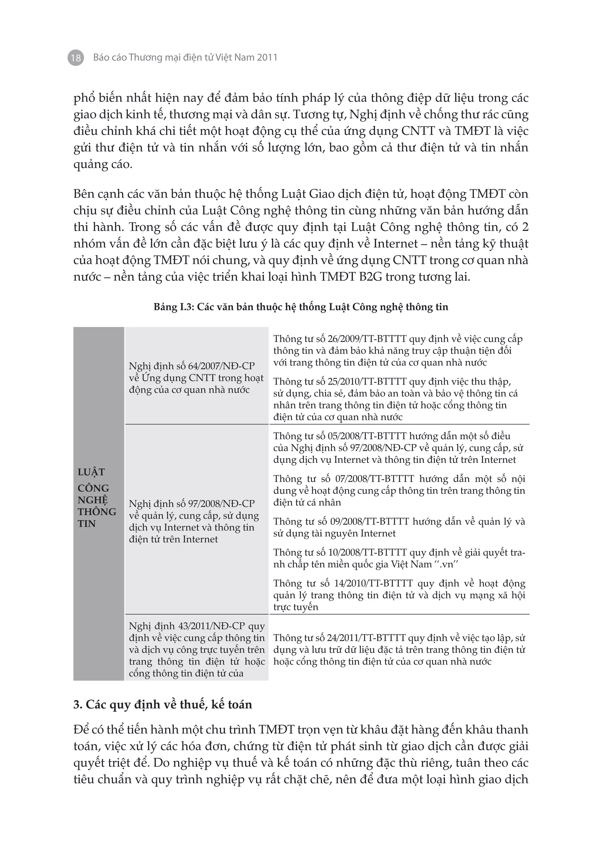 18   Báo cáo Thương mại điện tử Việt Nam 2011


phổ biến nhất hiện nay để đảm bảo tính pháp lý của thông điệp dữ liệu trong các
giao dịch kinh tế, thương mại và dân sự. Tương tự, Nghị định về chống thư rác cũng
điều chỉnh khá chi tiết một hoạt động cụ thể của ứng dụng CNTT và TMĐT là việc
gửi thư điện tử và tin nhắn với số lượng lớn, bao gồm cả thư điện tử và tin nhắn
quảng cáo.

Bên cạnh các văn bản thuộc hệ thống Luật Giao dịch điện tử, hoạt động TMĐT còn
chịu sự điều chỉnh của Luật Công nghệ thông tin cùng những văn bản hướng dẫn
thi hành. Trong số các vấn đề được quy định tại Luật Công nghệ thông tin, có 2
nhóm vấn đề lớn cần đặc biệt lưu ý là các quy định về Internet – nền tảng kỹ thuật
của hoạt động TMĐT nói chung, và quy định về ứng dụng CNTT trong cơ quan nhà
nước – nền tảng của việc triển khai loại hình TMĐT B2G trong tương lai.

                  Bảng I.3: Các văn bản thuộc hệ thống Luật Công nghệ thông tin


                                             Thông tư số 26/2009/TT-BTTTT quy định về việc cung cấp
                                             thông tin và đảm bảo khả năng truy cập thuận tiện đối
            Nghị định số 64/2007/NĐ-CP       với trang thông tin điện tử của cơ quan nhà nước
            về Ứng dụng CNTT trong hoạt Thông tư số 25/2010/TT-BTTTT quy định việc thu thập,
            động của cơ quan nhà nước   sử dụng, chia sẻ, đảm bảo an toàn và bảo vệ thông tin cá
                                        nhân trên trang thông tin điện tử hoặc cổng thông tin
                                        điện tử của cơ quan nhà nước
                                             Thông tư số 05/2008/TT-BTTTT hướng dẫn một số điều
                                             của Nghị định số 97/2008/NĐ-CP về quản lý, cung cấp, sử
                                             dụng dịch vụ Internet và thông tin điện tử trên Internet
 LUẬT
                                             Thông tư số 07/2008/TT-BTTTT hướng dẫn một số nội
 CÔNG                                        dung về hoạt động cung cấp thông tin trên trang thông tin
 NGHỆ       Nghị định số 97/2008/NĐ-CP       điện tử cá nhân
 THÔNG      về quản lý, cung cấp, sử dụng
 TIN                                         Thông tư số 09/2008/TT-BTTTT hướng dẫn về quản lý và
            dịch vụ Internet và thông tin
                                             sử dụng tài nguyên Internet
            điện tử trên Internet
                                             Thông tư số 10/2008/TT-BTTTT quy định về giải quyết tra-
                                             nh chấp tên miền quốc gia Việt Nam ‘‘.vn’’
                                             Thông tư số 14/2010/TT-BTTTT quy định về hoạt động
                                             quản lý trang thông tin điện tử và dịch vụ mạng xã hội
                                             trực tuyến
            Nghị định 43/2011/NĐ-CP quy
            định về việc cung cấp thông tin Thông tư số 24/2011/TT-BTTTT quy định về việc tạo lập, sử
            và dịch vụ công trực tuyến trên dụng và lưu trữ dữ liệu đặc tả trên trang thông tin điện tử
            trang thông tin điện tử hoặc hoặc cổng thông tin điện tử của cơ quan nhà nước
            cổng thông tin điện tử của


3. Các quy định về thuế, kế toán

Để có thể tiến hành một chu trình TMĐT trọn vẹn từ khâu đặt hàng đến khâu thanh
toán, việc xử lý các hóa đơn, chứng từ điện tử phát sinh từ giao dịch cần được giải
quyết triệt để. Do nghiệp vụ thuế và kế toán có những đặc thù riêng, tuân theo các
tiêu chuẩn và quy trình nghiệp vụ rất chặt chẽ, nên để đưa một loại hình giao dịch
 