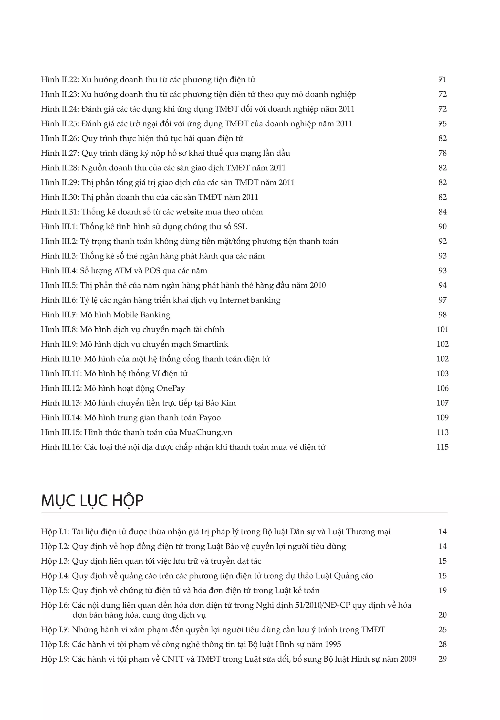 Hình II.22: Xu hướng doanh thu từ các phương tiện điện tử	                                            71
Hình II.23: Xu hướng doanh thu từ các phương tiện điện tử theo quy mô doanh nghiệp	                   72
Hình II.24: Đánh giá các tác dụng khi ứng dụng TMĐT đối với doanh nghiệp năm 2011	                    72
Hình II.25: Đánh giá các trở ngại đối với ứng dụng TMĐT của doanh nghiệp năm 2011	                    75
Hình II.26: Quy trình thực hiện thủ tục hải quan điện tử	                                             82
Hình II.27: Quy trình đăng ký nộp hồ sơ khai thuế qua mạng lần đầu	                                   78
Hình II.28: Nguồn doanh thu của các sàn giao dịch TMĐT năm 2011	                                      82
Hình II.29: Thị phần tổng giá trị giao dịch của các sàn TMDT năm 2011	                                82
Hình II.30: Thị phần doanh thu của các sàn TMĐT năm 2011	                                             82
Hình II.31: Thống kê doanh số từ các website mua theo nhóm	                                           84
Hình III.1: Thống kê tình hình sử dụng chứng thư số SSL	                                              90
Hình III.2: Tỷ trọng thanh toán không dùng tiền mặt/tổng phương tiện thanh toán	                      92
Hình III.3: Thống kê số thẻ ngân hàng phát hành qua các năm	                                          93
Hình III.4: Số lượng ATM và POS qua các năm	                                                          93
Hình III.5: Thị phần thẻ của năm ngân hàng phát hành thẻ hàng đầu năm 2010	                           94
Hình III.6: Tỷ lệ các ngân hàng triển khai dịch vụ Internet banking	                                  97
Hình III.7: Mô hình Mobile Banking	                                                                   98
Hình III.8: Mô hình dịch vụ chuyển mạch tài chính	                                                    101
Hình III.9: Mô hình dịch vụ chuyển mạch Smartlink	                                                    102
Hình III.10: Mô hình của một hệ thống cổng thanh toán điện tử	                                        102
Hình III.11: Mô hình hệ thống Ví điện tử	                                                             103
Hình III.12: Mô hình hoạt động OnePay	                                                                106
Hình III.13: Mô hình chuyển tiền trực tiếp tại Bảo Kim	                                               107
Hình III.14: Mô hình trung gian thanh toán Payoo	                                                     109
Hình III.15: Hình thức thanh toán của MuaChung.vn	                                                    113
Hình III.16: Các loại thẻ nội địa được chấp nhận khi thanh toán mua vé điện tử	                       115




MỤC LỤC HỘP
Hộp I.1: Tài liệu điện tử được thừa nhận giá trị pháp lý trong Bộ luật Dân sự và Luật Thương mại	     14
Hộp I.2: Quy định về hợp đồng điện tử trong Luật Bảo vệ quyền lợi người tiêu dùng	                    14
Hộp I.3: Quy định liên quan tới việc lưu trữ và truyền đạt tác	                                       15
Hộp I.4: Quy định về quảng cáo trên các phương tiện điện tử trong dự thảo Luật Quảng cáo	             15
Hộp I.5: Quy định về chứng từ điện tử và hóa đơn điện tử trong Luật kế toán	                          19
Hộp I.6: Các nội dung liên quan đến hóa đơn điện tử trong Nghị định 51/2010/NĐ-CP quy định về hóa 		
         đơn bán hàng hóa, cung ứng dịch vụ	                                                        20
Hộp I.7: Những hành vi xâm phạm đến quyền lợi người tiêu dùng cần lưu ý tránh trong TMĐT	             25
Hộp I.8: Các hành vi tội phạm về công nghệ thông tin tại Bộ luật Hình sự năm 1995	                    28
Hộp I.9: Các hành vi tội phạm về CNTT và TMĐT trong Luật sửa đổi, bổ sung Bộ luật Hình sự năm 2009	   29
 