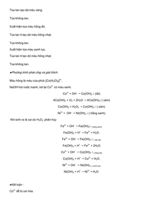 Tủa tan tạo dd màu vàng.
Tủa không tan.
Xuất hiện tủa màu hồng đỏ.
Tủa tan ít tạo dd màu hồng nhạt.
Tủa không tan.
Xuất hiện tủa màu xanh lục.
Tủa tan ít tạo dd màu hồng nhạt.
Tủa không tan.
●Phƣơng trình phản ứng và giải thích:
Màu hồng là màu của phức [Co(H2O)6]2+
.
NaOH hút nƣớc mạnh, trả lại Co2+
có màu xanh.
Co2+
+ OH-
 Co(OH)2  (đỏ)
4Co(OH)2 + O2 + 2H2O  4Co(OH)3 ( xám)
Co(OH)2 + H2O2  Co(OH)3  ( xám)
Ni2+
+ OH-
 Ni(OH)2  ( trắng xanh)
Khí sinh ra là oxi do H2O2 phân hủy
Fe2+
+ OH-
 Fe(OH)2 ( trắng xanh).
Fe(OH)2 + H+
 Fe2+
+ H2O.
Fe3+
+ OH-
 Fe(OH)3  ( nâu đỏ)
Fe(OH)3 + H+
 Fe3+
+ 2H2O
Co2+
+ OH-
 Co(OH)2  ( hồng đỏ)
Co(OH)2 + H+
 Co2+
+ H2O.
Ni2+
+ OH-
 Ni(OH)2 ( xanh lục)
Ni(OH)2 + H+
 Ni2+
+ H2O.
●Kết luận :
Co2+
dễ bị oxi hóa.
 