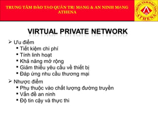 TRUNG TÂM ĐÀO T O QU N TR M NG & AN NINH M NGẠ Ả Ị Ạ Ạ
ATHENA
 Ưu điểm
 Tiết kiệm chi phí
 Tính linh hoạt
 Khả năng mở rộng
 Giảm thiểu yêu cầu về thiết bị
 Đáp ứng nhu cầu thương mại
 Nhược điểm
 Phụ thuộc vào chất lượng đường truyền
 Vấn đề an ninh
 Độ tin cậy và thực thi
 