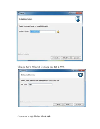 Cổng của dịch vụ Metasploit sẽ sử dụng, mặc định là 3790: 
Chọn server và ngày hết hạn, để mặc định: 
 