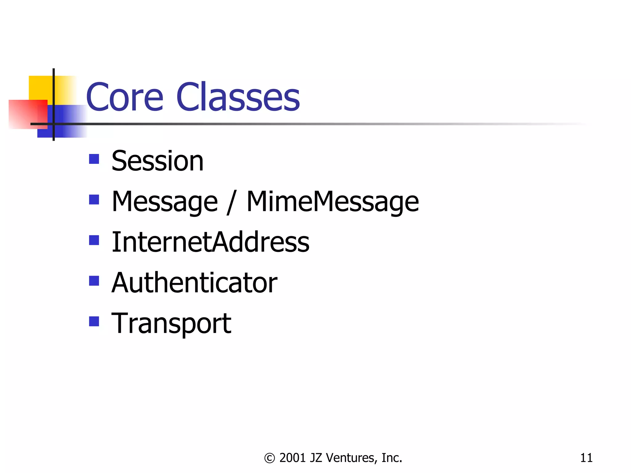 Core Classes Session Message / MimeMessage InternetAddress Authenticator Transport 