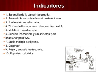 Indicadores
1. Barandilla de la cama inadecuada.
2. Freno de la cama inadecuado o defectuoso.
3. Iluminación no adecuada.
4. Timbre de llamada muy retirado o inaccesible.
5. Mobiliario no adecuado.
6. Servicio inaccesible y sin asideros y sin
adaptador para WC.
7. Suelo mojado deslizante.
8. Desorden.
9. Ropa y calzado inadecuado.
10. Espacios reducidos
 