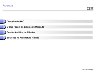 Agenda




1 Conceito de BAO

2 O Que Fazem os Líderes de Mercado

3 Gestão Analítica de Clientes

4 Soluções na Arquitetura Hibrida




                                      © 2011 IBM Corporation
 