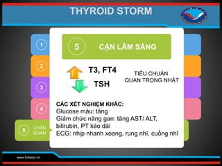 www.bvtwqn.vn
2
3
4
5
5 CẬN LÂM SÀNG
1
CHẨN
ĐOÁN
THYROID STORM
T3, FT4
TSH
CÁC XÉT NGHIỆM KHÁC:
Glucose máu: tăng
Giảm chức năng gan: tăng AST/ ALT,
bilirubin, PT kéo dài
ECG: nhịp nhanh xoang, rung nhĩ, cuồng nhĩ
TIÊU CHUẨN
QUAN TRỌNG NHẤT
 