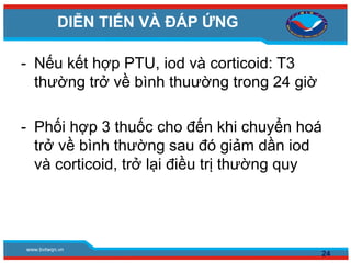 www.bvtwqn.vn
DIỄN TIẾN VÀ ĐÁP ỨNG
- Nếu kết hợp PTU, iod và corticoid: T3
thường trở về bình thuường trong 24 giờ
- Phối hợp 3 thuốc cho đến khi chuyển hoá
trở về bình thường sau đó giảm dần iod
và corticoid, trở lại điều trị thường quy
24
 