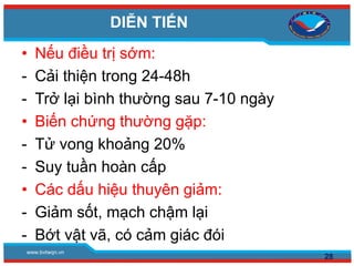 www.bvtwqn.vn
DIỄN TIẾN
• Nếu điều trị sớm:
- Cải thiện trong 24-48h
- Trở lại bình thường sau 7-10 ngày
• Biến chứng thường gặp:
- Tử vong khoảng 20%
- Suy tuần hoàn cấp
• Các dấu hiệu thuyên giảm:
- Giảm sốt, mạch chậm lại
- Bớt vật vã, có cảm giác đói
28
 