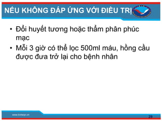www.bvtwqn.vn
NẾU KHÔNG ĐÁP ỨNG VỚI ĐIỀU TRỊ
• Đổi huyết tương hoặc thẩm phân phúc
mạc
• Mỗi 3 giờ có thể lọc 500ml máu, hồng cầu
được đưa trở lại cho bệnh nhân
29
 