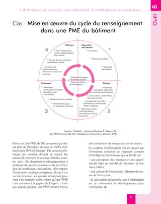 8
      1 • Intégrer et orienter une démarche d’intelligence économique




                                                                                                                                      Outil
Cas : Mise en œuvre du cycle du renseignement
          dans une PME du bâtiment

                                                       Diffusion           Expression
                                                                           des besoins
                              4           • Liens transversaux :
                                          réunion hebdomadaire,
                                                                                • Innovation              1
                                          flash interne
                                                                                      • Besoins des clients
                                • Service de documentation :
                                centralisation limitée

                           • Circulation de                                                        • Conquête
                           l'information pour                                                      des marchés
                           valoriser les ressources
                           humaines
                                                            • Politique de brevets
                                                            • Formation interne
                                                            • Culture collective
                          Traitement                                                                Collecte
                                                            de l'information
                           • Remontée,                                                             • Innovation :
                           classification et analyse                                       enquêteurs, BdD, pôles
                            quotidienne des                                           de recherche technologique
                             informations
                                                                                 • Concurrence : observatoire
                                                                                 de la concurrence
                                 • Traitement humain collectif
                                                                             • Conquête des marchés :
                                       • Informatisation pour                informations commerciales,
                                         un traitement historique            études marketing
                                                                       • Ressources locales
                              3                                        institutionnelles et
                                                                       associatives, foires et
                                                                                                          2
                                                                       expositions




                                                 Source : Hassid L., Jacques-Gustave P., Moinet N.,
                                    Les PME face au défi de l’intelligence économique, Dunod, 1997.



Horus est une PME de 180 personnes qui réa-                                          doit concentrer ses ressources sur ses atouts.
lise près de 30 millions d’euros de chiffre d’af-                                    Le système d’information mis en œuvre par
faires dont 20 % à l’étranger. Elle conçoit et fa-                                   l’entreprise constitue un dispositif complet
brique bon nombre d’outils de travail des                                            d’intelligence économique qui se fonde sur :
artisans du bâtiment (marteaux, échelles, truel-
                                                                                     – une perception des menaces et des oppor-
les, etc.). En cherchant systématiquement à
                                                                                     tunités liées au marché du bâtiment et tra-
améliorer des produits existants, elle est à l’ori-
                                                                                     vaux publics ;
gine de nombreuses innovations. « En matière
d’innovation, explique son patron, dès qu’il y a                                     – une culture de l’innovation, élément de sur-
un bon principe, les grandes entreprises peu-                                        vie de l’entreprise ;
vent s’en emparer avant même qu’une PME                                              – la conviction personnelle que l’information
n’ait commencé à gagner de l’argent. » Face                                          est un instrument de développement pour
aux grands groupes, une PME comme Horus                                              l’entreprise. ■


                                                                                                                       33
 