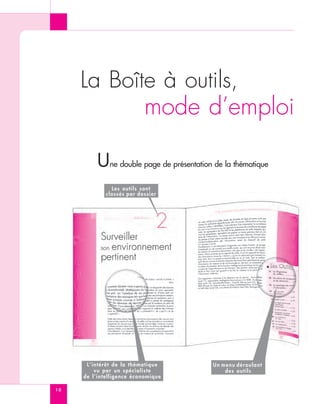 La Boîte à outils,
                           mode d’emploi

         Une double page de présentation de la thématique
               Les outils sont
             classés par dossier




      L’intérêt de la thématique         Un menu déroulant
         vu par un spécialiste               des outils
     de l’intelligence économique

10
 
