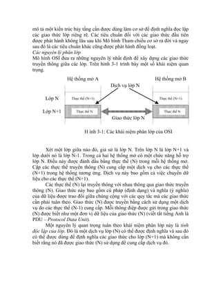mô tả một kiến trúc bảy tầng cần được dùng làm cơ sở để định nghĩa đọc lập
các giao thức lớp riêng rẽ. Các tiêu chuẩn đối với các giao thức đầu tiên
được phát hành không lâu sau khi Mô hình Tham chiếu cơ sở ra đời và ngay
sau đó là các tiêu chuẩn khác cũng được phát hành đồng loạt.
Các nguyên lý phân lớp
Mô hình OSI đưa ra những nguyên lý nhất định để xây dựng các giao thức
truyền thông giữa các lớp. Trên hình 3-1 trình bày một số khái niệm quan
trọng.
Hệ thống mở A
Dịch vụ lớp N
Thực thể N
Thực thể (N+1)
Thực thể N
Giao thức lớp N
Lớp N+1
Lớp N Thực thể (N+1)
Hệ thống mở B
H ình 3-1: Các khái niệm phân lớp của OSI
Xét một lớp giữa nào đó, giả sử là lớp N. Trên lớp N là lớp N+1 và
lớp dưới nó là lớp N-1. Trong cả hai hệ thống mở có một chức năng hỗ trợ
lớp N. Điều này được đánh dấu bằng thực thể (N) trong mỗi hệ thống mở.
Cặp các thực thể truyền thông (N) cung cấp một dịch vụ cho các thực thể
(N+1) trong hệ thống tương ứng. Dịch vụ này bao gồm cả việc chuyển dữ
liệu cho các thực thể (N+1).
Các thực thể (N) lại truyền thông với nhau thông qua giao thức truyền
thông (N). Giao thức này bao gồm cú pháp (định dạng) và nghĩa (ý nghĩa)
của dữ liệu được trao đổi giữa chúng cộng với các quy tắc mà các giao thức
cần phải tuân theo. Giao thức (N) được truyền bằng cách sử dụng một dịch
vụ do các thực thể (N-1) cung cấp. Mỗi thông điệp được gửi trong giao thức
(N) được biết như một đơn vị dữ liệu của giao thức (N) (viết tắt tiếng Anh là
PDU – Protocol Data Unit).
Một nguyên lý quan trọng tuân theo khái niệm phân lớp này là tính
độc lập của lớp. Đó là một dịch vụ lớp (N) có thể được định nghĩa và sau đó
có thể được dùng để định nghĩa các giao thức cho lớp (N+1) mà không cần
biết rằng nó đã được giao thức (N) sử dụng để cung cấp dịch vụ đó.
 