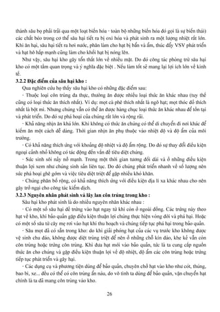 26
thaình sáu boü phaíi traíi qua mäüt loaût biãún hoïa - toaìn bäü nhæîng biãún hoïa âoï goüi laì sæû biãún thaïi)
caïc cháút beïo trong cå thãø sáu haûi tiãút ra bë oxi hoïa vaì phaït sinh ra mäüt læåüng nhiãût ráút låïn.
Khi àn haûi, sáu haûi tiãút ra håi næåïc, phán laìm cho haût bë báøn vaì áøm, thuïc âáøy VSV phaït triãøn
vaì haût hä háúp maûnh cuîng laìm cho khäúi haût bë noïng lãn.
Nhæ váûy, sáu haûi kho gáy täøn tháút låïn vãö nhiãöu màût. Do âoï cäng taïc phoìng træì sáu haûi
kho coï mäüt táöm quan troüng vaì yï nghéa âàûc biãût . Nãúu laìm täút seî mang laûi låüi êch låïn vãö kinh
tãú.
3.2.2 Âàûc âiãøm cuía sáu haûi kho :
Qua nghiãn cæïu hoü tháúy sáu haûi kho coï nhæîng âàûc âiãøm sau:
- Thuäüc loaûi cän truìng âa thæûc, thæåìng àn âæåüc nhiãöu loaûi thæïc àn khaïc nhau (tuy thãú
cuîng coï loaûi thæïc àn thêch nháút). Vê duû: moüt caì phã thêch nháút laì ngä haût; moüt thoïc âoí thêch
nháút laì bäüt mç. Nhæng chuïng váùn coï thãø àn âæåüc haìng chuûc loaûi thæïc àn khaïc nhau âãø täön taûi
vaì phaït triãøn. Do âoï sæû phaï hoaûi cuía chuïng ráút låïn vaì räüng raîi.
- Khaí nàng nhën àn khaï låïn. Khi khäng coï thæïc àn chuïng coï thãø di chuyãøn âi nåi khaïc âãø
kiãúm àn mäüt caïch dãù daìng. Thåìi gian nhën àn phuû thuäüc vaìo nhiãût âäü vaì âäü áøm cuía mäi
træåìng.
- Coï khaí nàng thêch æïng våïi khoaíng âäü nhiãût vaì âäü áøm räüng. Do âoï sæû thay âäøi âiãöu kiãûn
ngoaûi caính nhoí khäng coï taïc âäüng âãún váún âãö tiãu diãût chuïng.
- Sæïc sinh säi naíy nåí maûnh. Trong mäüt thåìi gian tæång âäúi daìi vaì åí nhæîng âiãöu kiãûn
thuáûn låüi xem nhæ chuïng sinh saín liãn tuûc. Do âoï chuïng phaït triãøn nhanh vãö säú læåüng nãn
sæïc phaï hoaûi ghã gåïm vaì viãûc tiãu diãût triãût âãø gàûp nhiãöu khoï khàn.
- Chuïng phán bäú räüng, coï khaí nàng thêch æïng våïi âiãöu kiãûn âëa lê xa khaïc nhau cho nãn
gáy tråí ngaûi cho cäng taïc kiãøm dëch.
3.2.3 Nguyãn nhán phaït sinh vaì láy lan cän truìng trong kho :
Sáu haûi kho phaït sinh laì do nhiãöu nguyãn nhán khaïc nhau :
- Coï mäüt säú sáu haûi âeí træïng vaìo haût ngay tæì khi coìn åí ngoaìi âäöng. Caïc træïng naìy theo
haût vãö kho, khi baío quaín gàûp âiãöu kiãûn thuáûn låüi chuïng thæûc hiãûn voìng âåìi vaì phaï haûi. Hoàûc
coï mäüt säú sáu tæì cáy meû råi vaìo haût khi thu hoaûch vaì chuïng tiãúp tuûc phaï haûi trong baío quaín.
- Sáu moüt âaî coï sàôn trong kho: do khi giaíi phoïng haût cuía caïc vuû træåïc kho khäng âæåüc
vãû sinh chu âaïo, khäng âæåüc diãût truìng triãût âãø nãn åí nhæîng chäù kên âaïo, khe keí váùn coìn
cän truìng hoàûc træïng cän truìng. Khi âæa haût måïi vaìo baío quaín, tæïc laì ta cung cáúp nguäön
thæïc àn cho chuïng vaì gàûp âiãöu kiãûn thuáûn låüi vãö âäü nhiãût, âäü áøm caïc cän truìng hoàûc træïng
tiãúp tuûc phaït triãøn vaì gáy haûi.
- Caïc duûng cuû vaì phæång tiãûn duìng âãø baío quaín, chuyãn chåí haût vaìo kho nhæ coït, thuïng,
bao bç, xe... âãöu coï thãø coï cän truìng áøn naïu, do vä tçnh ta duìng âãø baío quaín, váûn chuyãøn haût
chênh laì ta âaî mang cän truìng vaìo kho.
 