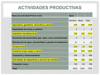 ACTIVIDADES PRODUCTIVAS
Rama de actividad (Primer nivel) Sexo
Hombre Mujer Total
Agricultura, ganadería, silvicultura y pesca 479 665 1144
Explotación de minas y canteras 4 1 5
Industrias manufactureras 760 555 1315
Suministro de electricidad, gas, vapor y aire acondicionado 5 2 7
Distribución de agua, alcantarillado y gestión de deshechos 21 4 25
Construcción 916 20 936
Comercio al por mayor y menor 531 674 1205
Transporte y almacenamiento 458 30 488
Actividades de alojamiento y servicio de comidas 108 228 336
Trabajador nuevo 108 80 188
Total 4002 3204 7206
 