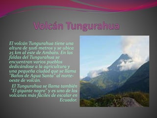 El volcán Tungurahua tiene una
altura de 5016 metros y se ubica
25 km al este de Ambato. En las
faldas del Tungurahua se
encuentran varios pueblos
dedicándose a la agricultura y
una pequeña ciudad que se llama
"Baños de Agua Santa" al norte-
oeste de volcán.
El Tungurahua se llama también
"El gigante negro" y es uno de los
volcanes más fáciles de escalar en
Ecuador.
 