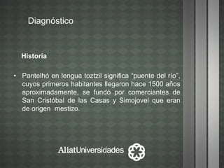 Diagnóstico
Historia
• Pantelhó en lengua toztzil significa “puente del río”,
cuyos primeros habitantes llegaron hace 1500 años
aproximadamente, se fundó por comerciantes de
San Cristóbal de las Casas y Simojovel que eran
de origen mestizo.
 
