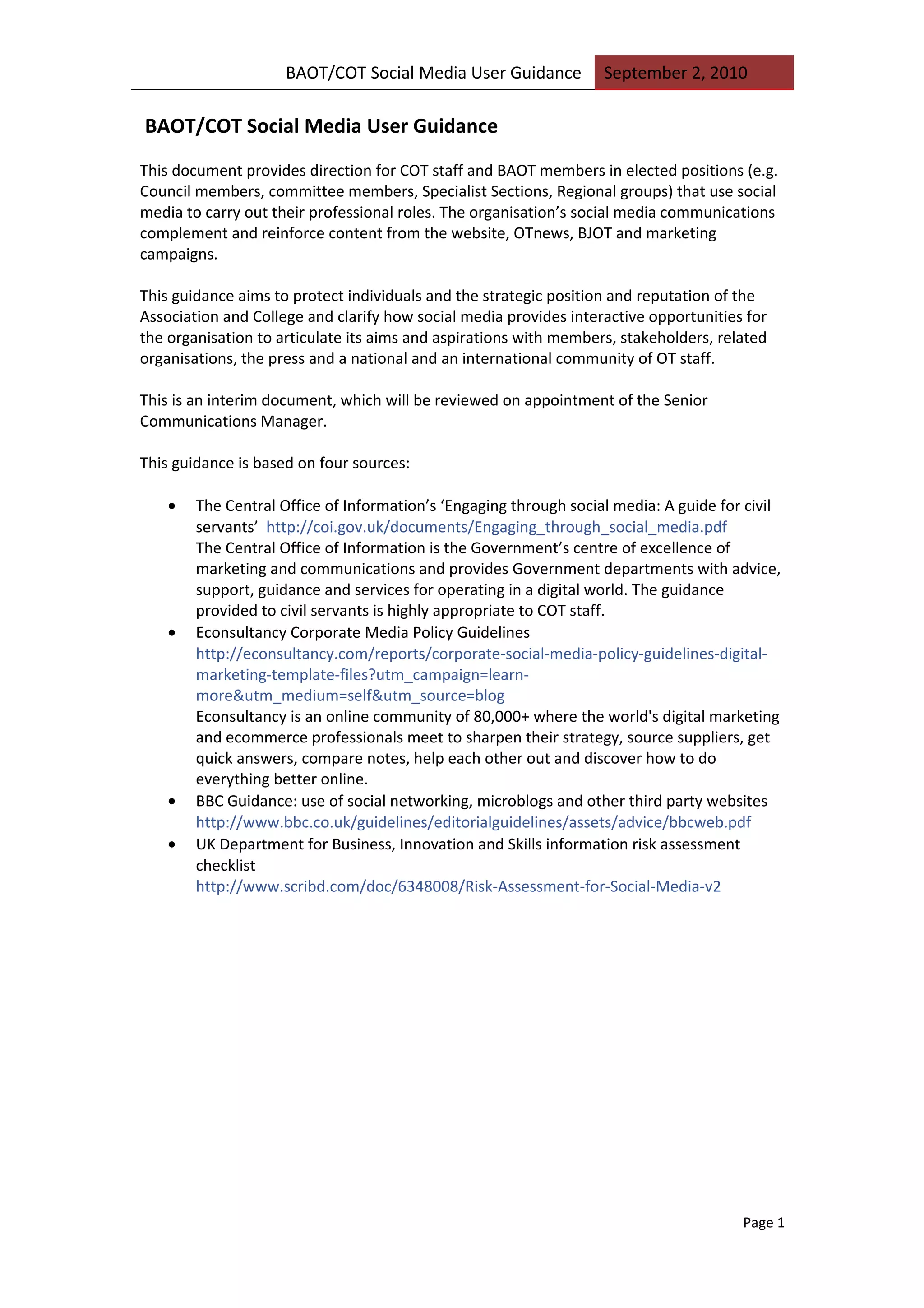 BAOT/COT Social Media Guidance 02.09.10