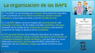 Lic. Augusto Ismael Zavala Osorio
6.1.1 Las BAPE son promovidas por el director de la institución educativa,
quien coordinará con el Comité de Convivencia, Tutoría e Inclusión
Educativa o el que haga sus veces, y con los Comités de Aula.
6.1.2 Las BAPE deben convocar el apoyo del personal policial y del
serenazgo municipal, a fin de realizar una labor preventiva y disuasiva
alrededor de los locales de las instituciones educativas, para prevenir
situaciones de riesgo en perjuicio de los estudiantes.
6.1.3 El personal directivo de la institución educativa con el apoyo del
Comité de Convivencia, Tutoría e Inclusión Educativa y de la Comisión de
Ciudadanía Ambiental y Gestión de Riesgos, o las que hagan sus veces,
elaborarán protocolos y acciones para las BAPE, basándose en el
diagnóstico de los problemas y riesgos que afectan el entorno de la
escuela.