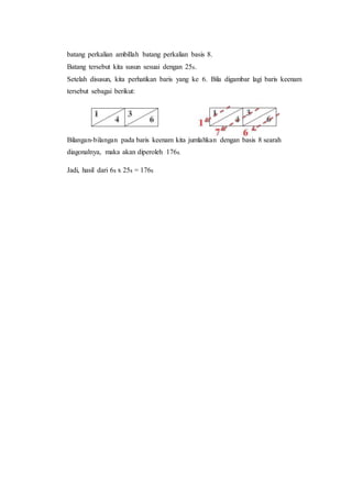 batang perkalian ambillah batang perkalian basis 8.
Batang tersebut kita susun sesuai dengan 258.
Setelah disusun, kita perhatikan baris yang ke 6. Bila digambar lagi baris keenam
tersebut sebagai berikut:
Bilangan-bilangan pada baris keenam kita jumlahkan dengan basis 8 searah
diagonalnya, maka akan diperoleh 1768.
Jadi, hasil dari 68 x 258 = 1768
 