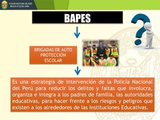 BAPES
BRIGADAS DE AUTO
PROTECCIÓN
ESCOLAR
Es una estrategia de intervención de la Policía Nacional
del Perú para reducir los delitos y faltas que involucra,
organiza e integra a los padres de familia, las autoridades
educativas, para hacer frente a los riesgos y peligros que
existen a los alrededores de las Instituciones Educativas.
 