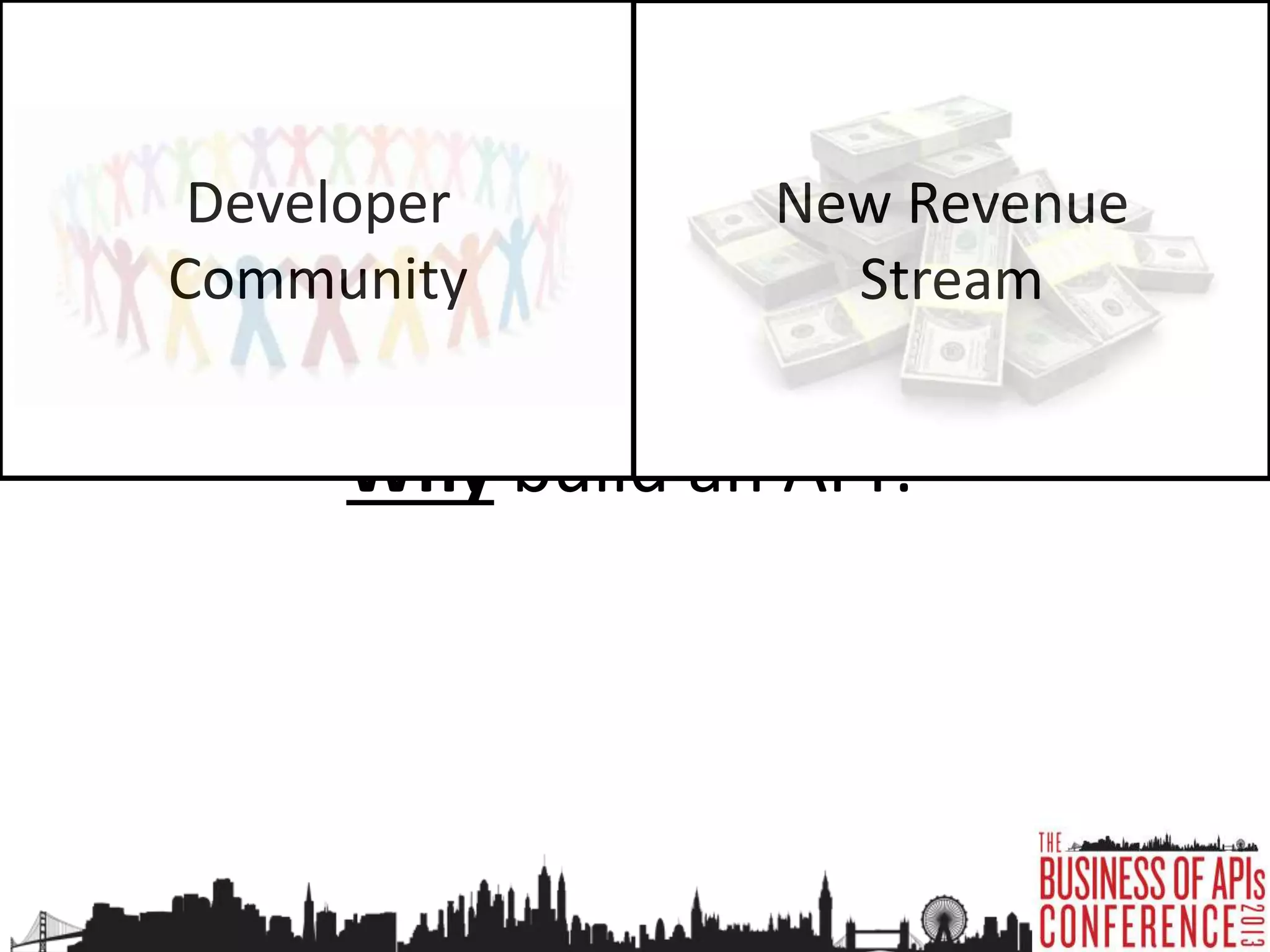 Why are you building APIs?
Developer
Community
New Revenue
Stream
Business
Partnerships
Development
Efficiency
Device
Proliferation
 