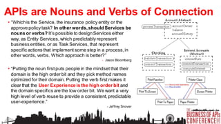 APIs are Nouns and Verbs of Connection
• “Which is the Service, the insurance policy entity or the
approve policy task? In other words, should Services be
nouns or verbs? It’s possible to design Services either
way, as Entity Services, which predictably represent
business entities, or as Task Services, that represent
specific actions that implement some step in a process, in
other words, verbs. Which approach is better?”
- Jason Bloomberg

• “Putting the noun first puts people in the mindset that their
domain is the high order bit and they pick method names
optimized for their domain. Putting the verb first makes it
clear that the User Experience is the high order bit and
the domain specifics are the low order bit. We want a very
high level of verb reuse to provide a consistent, predictable
user-experience.”
- Jeffrey Snover

 