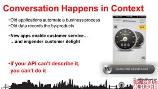 Conversation Happens in Context
• Old applications automate a business process
• Old data records the by-products

• New apps enable customer service…
…and engender customer delight
• New data reflects what the world is doing
now, not what the business did yesterday

•If your API can’t describe it,
you can’t do it

 