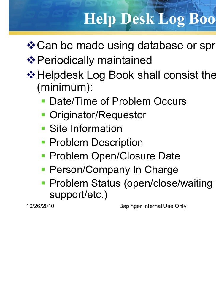 Bapinger Help Desk Procedure Log Book Report