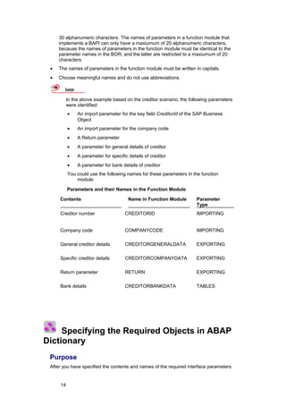 30 alphanumeric characters. The names of parameters in a function module that
     implements a BAPI can only have a maxiumum of 20 alphanumeric characters,
     because the names of parameters in the function module must be identical to the
     parameter names in the BOR, and the latter are restricted to a maxiumum of 20
     characters.
 •   The names of parameters in the function module must be written in capitals.
 •   Choose meaningful names and do not use abbreviations.

        Example

        In the above example based on the creditor scenario, the following parameters
        were identified:
          •       An import parameter for the key field CreditorId of the SAP Business
                  Object
          •       An import parameter for the company code
          •       A Return parameter
          •       A parameter for general details of creditor
          •       A parameter for specific details of creditor
          •       A parameter for bank details of creditor
          You could use the following names for these parameters in the function
              module:

          Parameters and their Names in the Function Module

     Contents                              Name in Function Module       Parameter
                                                                         Type
     Creditor number                     CREDITORID                      IMPORTING


     Company code                        COMPANYCODE                     IMPORTING

     General creditor details            CREDITORGENERALDATA             EXPORTING

     Specific creditor details           CREDITORCOMPANYDATA             EXPORTING

     Return parameter                    RETURN                          EXPORTING

     Bank details                        CREDITORBANKDATA                TABLES




     Specifying the Required Objects in ABAP
Dictionary
 Purpose
 After you have specified the contents and names of the required interface parameters


     14
 