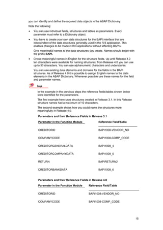 you can identify and define the required data objects in the ABAP Dictionary.
Note the following:
•   You can use individual fields, structures and tables as parameters. Every
    parameter must refer to a Dictionary object.
•   You have to create your own data structures for the BAPI interface that are
    independent of the data structures generally used in the R/3 application. This
    enables changes to be made in R/3 applications without affecting BAPIs.
    Give meaningful names to the data structures you create. Names should begin with
    the prefix BAPI.
•   Chose meaningful names in English for the structure fields. Up until Release 4.0
    ten characters were available for naming structures; from Release 4.0 you can use
    up to 30 characters. You can use alphanumeric characters and underscores.
    You can use existing data elements and domains for the fields in the BAPI
    structures. As of Release 4.0 it is possible to assign English names to the data
    elements in the ABAP Dictionary. Whenever possible use these names for the field
    and parameter names.

       Example

       In the example in the previous steps the reference fields/tables shown below
       were identified for the parameters.
       The first example here uses structures created in Release 3.1. In this Release
       structure names had a maximum of 10 characters.
       The second example shows how you could name the structures more
       meaningfully in Release 4.0.

        Parameters and their Reference Fields in Release 3.1

        Parameter in the Function Module                  Reference Field/Table

        CREDITORID                                        BAPI1008-VENDOR_NO

        COMPANYCODE                                       BAPI1008-COMP_CODE

        CREDITORGENERALDATA                               BAPI1008_4

        CREDITORCOMPANYDATA                               BAPI1008_5

        RETURN                                            BAPIRETURN2

        CREDITORBANKDATA                                  BAPI1008_6


        Parameters and their Reference Fields in Release 4.0

        Parameter in the Function Module          Reference Field/Table

        CREDITORID                                BAPI1008-VENDOR_NO

        COMPANYCODE                               BAPI1008-COMP_CODE




                                                                                        15
 