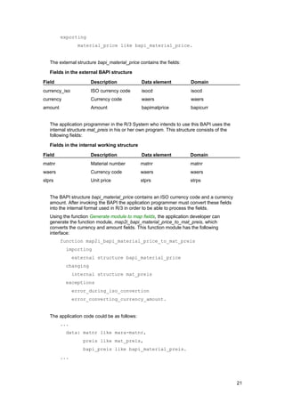 exporting
                 material_price like bapi_material_price.


   The external structure bapi_material_price contains the fields:

   Fields in the external BAPI structure

Field                 Description              Data element           Domain
currency_iso          ISO currency code        isocd                  isocd
currency              Currency code            waers                  waers
amount                Amount                   bapimatprice           bapicurr


   The application programmer in the R/3 System who intends to use this BAPI uses the
   internal structure mat_preis in his or her own program. This structure consists of the
   following fields:

   Fields in the internal working structure

Field                 Description              Data element          Domain
matnr                 Material number          matnr                 matnr
waers                 Currency code            waers                 waers
stprs                 Unit price               stprs                 strps


   The BAPI structure bapi_material_price contains an ISO currency code and a currency
   amount. After invoking the BAPI the application programmer must convert these fields
   into the internal format used in R/3 in order to be able to process the fields.
   Using the function Generate module to map fields, the application developer can
   generate the function module, map2i_bapi_material_price_to_mat_preis, which
   converts the currency and amount fields. This function module has the following
   interface:
         function map2i_bapi_material_price_to_mat_preis
           importing
               external structure bapi_material_price
           changing
               internal structure mat_preis
           exceptions
               error_during_iso_convertion
               error_converting_currency_amount.


   The application code could be as follows:
         ...
           data: matnr like mara-matnr,
                   preis like mat_preis,
                   bapi_preis like bapi_material_preis.
         ...




                                                                                            21
 