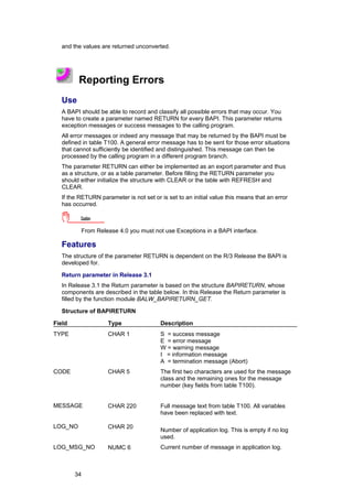 and the values are returned unconverted.




         Reporting Errors
   Use
   A BAPI should be able to record and classify all possible errors that may occur. You
   have to create a parameter named RETURN for every BAPI. This parameter returns
   exception messages or success messages to the calling program.
   All error messages or indeed any message that may be returned by the BAPI must be
   defined in table T100. A general error message has to be sent for those error situations
   that cannot sufficiently be identified and distinguished. This message can then be
   processed by the calling program in a different program branch.
   The parameter RETURN can either be implemented as an export parameter and thus
   as a structure, or as a table parameter. Before filling the RETURN parameter you
   should either initialize the structure with CLEAR or the table with REFRESH and
   CLEAR.
   If the RETURN parameter is not set or is set to an initial value this means that an error
   has occurred.

          Caution

          From Release 4.0 you must not use Exceptions in a BAPI interface.

   Features
   The structure of the parameter RETURN is dependent on the R/3 Release the BAPI is
   developed for.

   Return parameter in Release 3.1
   In Release 3.1 the Return parameter is based on the structure BAPIRETURN, whose
   components are described in the table below. In this Release the Return parameter is
   filled by the function module BALW_BAPIRETURN_GET.

   Structure of BAPIRETURN

Field                Type                Description
TYPE                 CHAR 1              S = success message
                                         E = error message
                                         W = warning message
                                         I = information message
                                         A = termination message (Abort)
CODE                 CHAR 5              The first two characters are used for the message
                                         class and the remaining ones for the message
                                         number (key fields from table T100).


MESSAGE              CHAR 220            Full message text from table T100. All variables
                                         have been replaced with text.

LOG_NO               CHAR 20
                                         Number of application log. This is empty if no log
                                         used.
LOG_MSG_NO           NUMC 6              Current number of message in application log.



        34
 