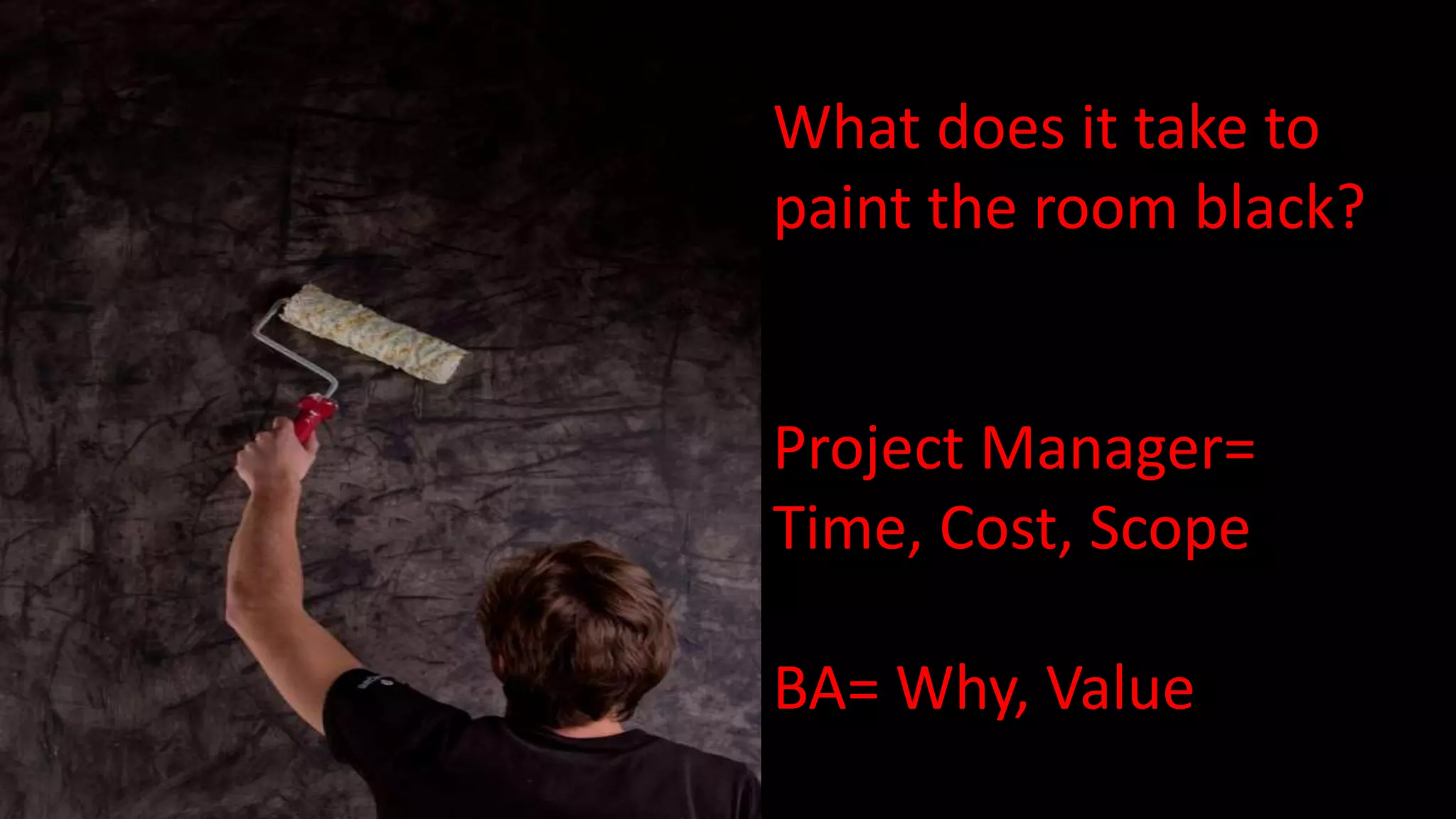 What does it take to
paint the room black?
Project Manager=
Time, Cost, Scope
BA= Why, Value
 