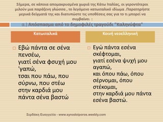 Σήμερα, σε κάποια απομακρυσμένα χωριά της Κάτω Ιταλίας, οι γεροντότεροι μιλούν μια παράξενη γλώσσα , το λεγόμενο κατωιταλικό ιδίωμα .Παρατηρήστε μερικά δείγματά της και διατυπώστε τις υποθέσεις σας για το τι μπορεί να συμβαίνει : α.) Απόσπασμα από το δημοφιλές τραγούδι "Καληνύφτα" 
Εβώ πάντα σε σένα πενσέω, γιατί σένα φσυχή μου 'γαπώ, τσαι που πάω, που σύρνω, που στέω στην καρδιά μου πάντα σένα βαστώ 
Εγώ πάντα εσένα σκέφτομαι, γιατί εσένα ψυχή μου αγαπώ, και όπου πάω, όπου σέρνομαι, όπου στέκομαι, στην καρδιά μου πάντα εσένα βαστώ. 
Σερδάκη Ευαγγελία - www.synodoiporos.weebly.com 
Κατωιταλικά 
Κοινή νεοελληνική 
 