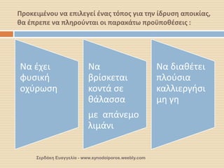 Προκειμένου να επιλεγεί ένας τόπος για την ίδρυση αποικίας, θα έπρεπε να πληρούνται οι παρακάτω προϋποθέσεις : 
Σερδάκη Ευαγγελία - www.synodoiporos.weebly.com 
Να έχει φυσική οχύρωση 
Να βρίσκεται κοντά σε θάλασσα με απάνεμο λιμάνι 
Να διαθέτει πλούσια καλλιεργήσιμη γη  