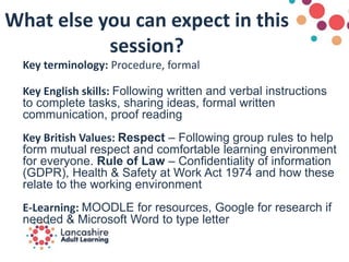 What else you can expect in this
session?
Key terminology: Procedure, formal
Key English skills: Following written and verbal instructions
to complete tasks, sharing ideas, formal written
communication, proof reading
Key British Values: Respect – Following group rules to help
form mutual respect and comfortable learning environment
for everyone. Rule of Law – Confidentiality of information
(GDPR), Health & Safety at Work Act 1974 and how these
relate to the working environment
E-Learning: MOODLE for resources, Google for research if
needed & Microsoft Word to type letter
 