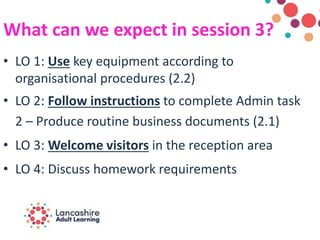 What can we expect in session 3?
• LO 1: Use key equipment according to
organisational procedures (2.2)
• LO 2: Follow instructions to complete Admin task
2 – Produce routine business documents (2.1)
• LO 3: Welcome visitors in the reception area
• LO 4: Discuss homework requirements
 
