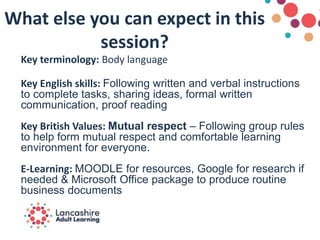 What else you can expect in this
session?
Key terminology: Body language
Key English skills: Following written and verbal instructions
to complete tasks, sharing ideas, formal written
communication, proof reading
Key British Values: Mutual respect – Following group rules
to help form mutual respect and comfortable learning
environment for everyone.
E-Learning: MOODLE for resources, Google for research if
needed & Microsoft Office package to produce routine
business documents
 