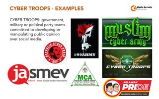 CYBER TROOPS - EXAMPLES
31
CYBER TROOPS: government,
military or political party teams
committed to developing or
manipula...