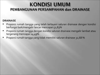 DRAINASE
 Proporsi rumah tangga yang telah terlayani saluran drainase dengan kondisi
  berfungsi baik/mengalir lancar mencapai 52,83%
 Proporsi rumah tangga dengan kondisi saluran drainase mengalir lambat atau
  tergenang mencapai 14,49%
 Proporsi rumah tangga yang tidak memiliki saluran drainase 32,68 %
 
