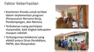 Faktor Keberhasilan
• Komitmen Pemda untuk terlibat
dalam implementasi program
(Penyusunan Rencana Kerja,
Pendampingan, dan Monev).
• Terbukanya ruang partisipasi
masyarakat, baik tingkat kabupaten
maupun sekolah.
• Terbangunnya kolaborasi yang
efektif antara Dinas Pendidikan,
PKPM, dan Masyarakat.
 