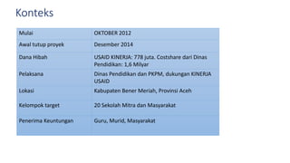 Konteks
Mulai OKTOBER 2012
Awal tutup proyek Desember 2014
Dana Hibah USAID KINERJA: 778 juta. Costshare dari Dinas
Pendidikan: 1,6 Milyar
Pelaksana Dinas Pendidikan dan PKPM, dukungan KINERJA
USAID
Lokasi Kabupaten Bener Meriah, Provinsi Aceh
Kelompok target 20 Sekolah Mitra dan Masyarakat
Penerima Keuntungan Guru, Murid, Masyarakat
 